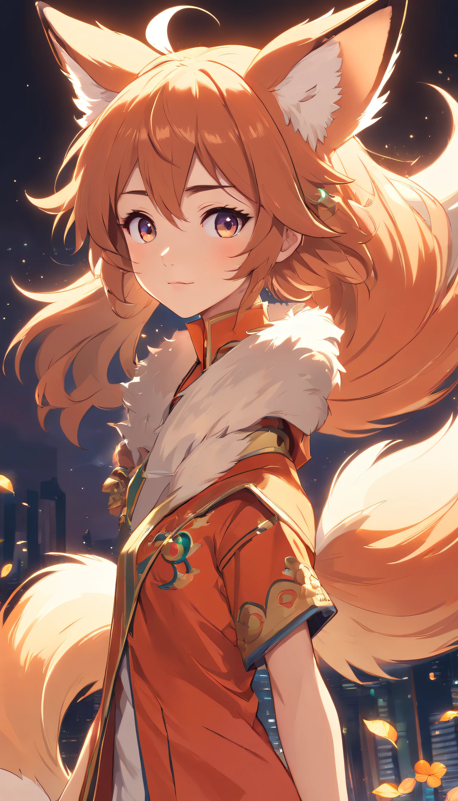 Chinese style super cute anthropomorphic nine-tailed fox, Dai Han costume and crystal crown, standing, Charming big eyes, Cute tail, standing, Surreal, Super fine, Luxurious, Graceful standing, Charming big eyes, Cute tail, standing, Surreal, Super detailed, Luxurious, elegant, complex, Gorgeous, illusory engine, Octane rendering, 8K, Frey surrealism