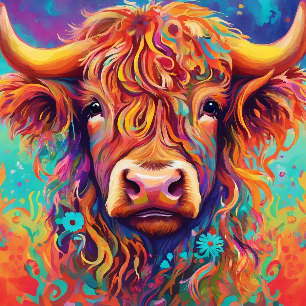 Highland cattle，On his head he wears daisy flowers and plants，up front view，Highland bullhead，bust，water color art，plethora of colors