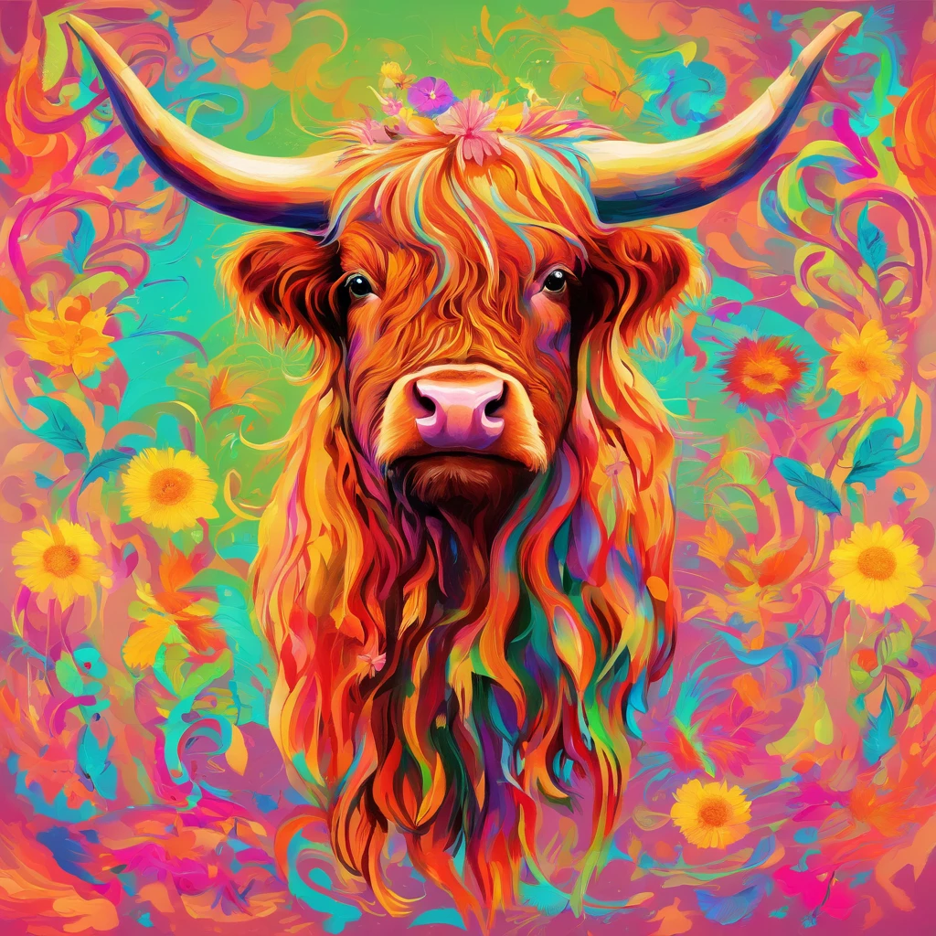 Highland cattle,On his head he wears daisy flowers and plants,up front view,Highland bullhead,bust,water color art,plethora of colors