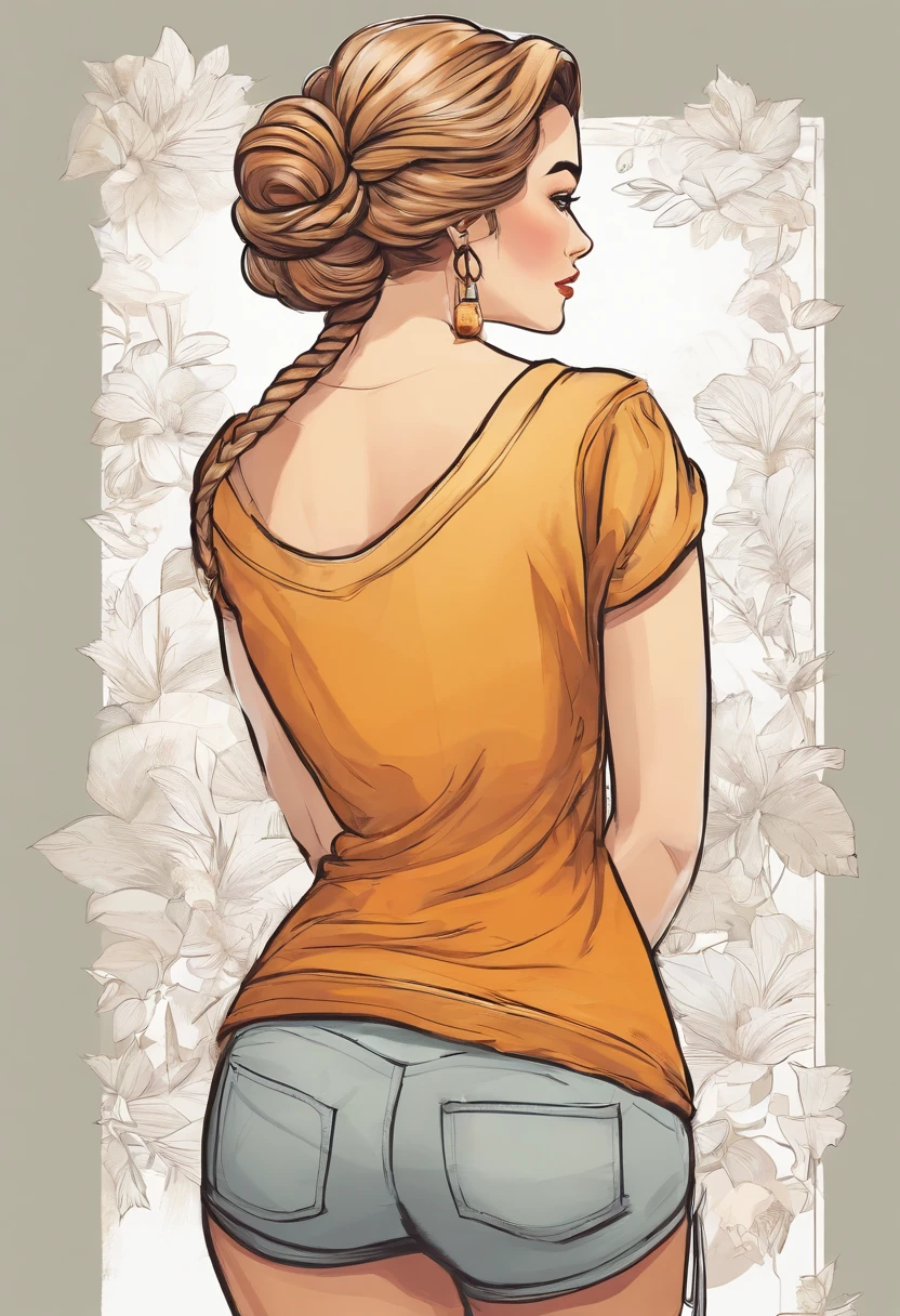 illustration of a woman with a braid in her hair from behind, in the style of white and beige, pin-up, light gray and light amber, pastoral charm, cottagecore, airbrush, sketch