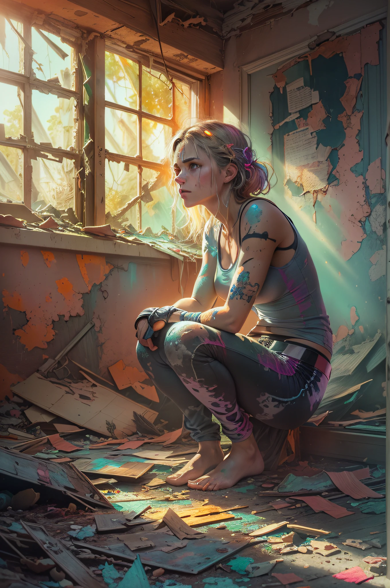 (((High quality))), (((Ultra-detailed))), ((half body Shot)), beauty a skinny mma fighter woman, sad, ((looking distantly)), ((Light is illuminating the head)),, Inside an abandoned house, ((Sunlight shines through a broken window in the background)), (((psychedelic lights flit around the ruined abandoned room))), water color painting