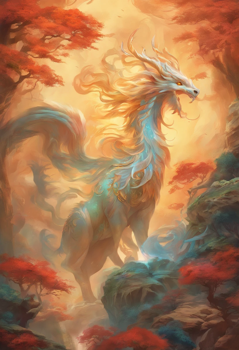 Mythical creature,Traditional Chinese elements,Ancient mural,Illustrative Mythology,Legend of Fu Yao,dappled light,misty haze,Mystical aura