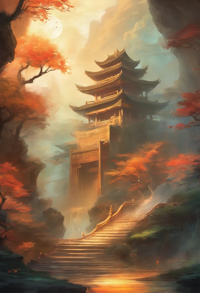 Mythical creature,Traditional Chinese elements,Ancient mural,Illustrative Mythology,Legend of Fu Yao,dappled light,misty haze,Mystical aura