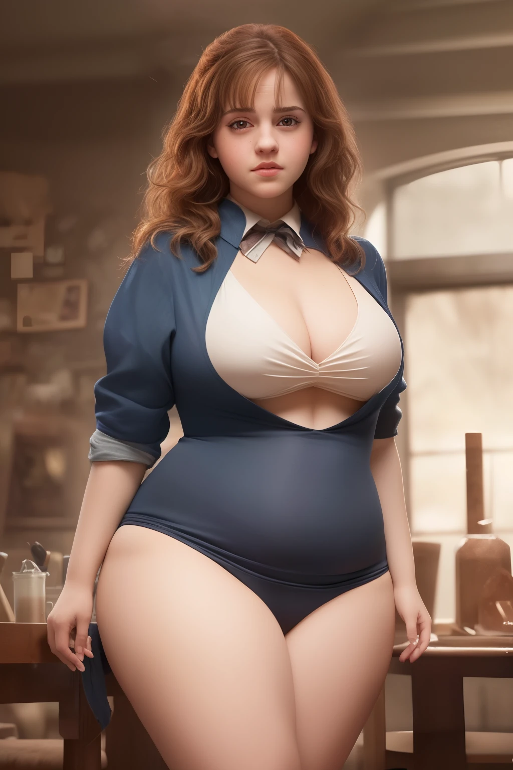 masterpiece, (photorealistic), (8k wallpaper) , (best quality), perfect quality, solo, (detailed eyes:0.9), Ermione, small smile, sexy, very beautiful face, torn dress, ripped dress, curvy, cute face, a bit chubby, fat rolls, belly rolls, soft, muffin top, navel, tight dress, love handles, thunder thighs