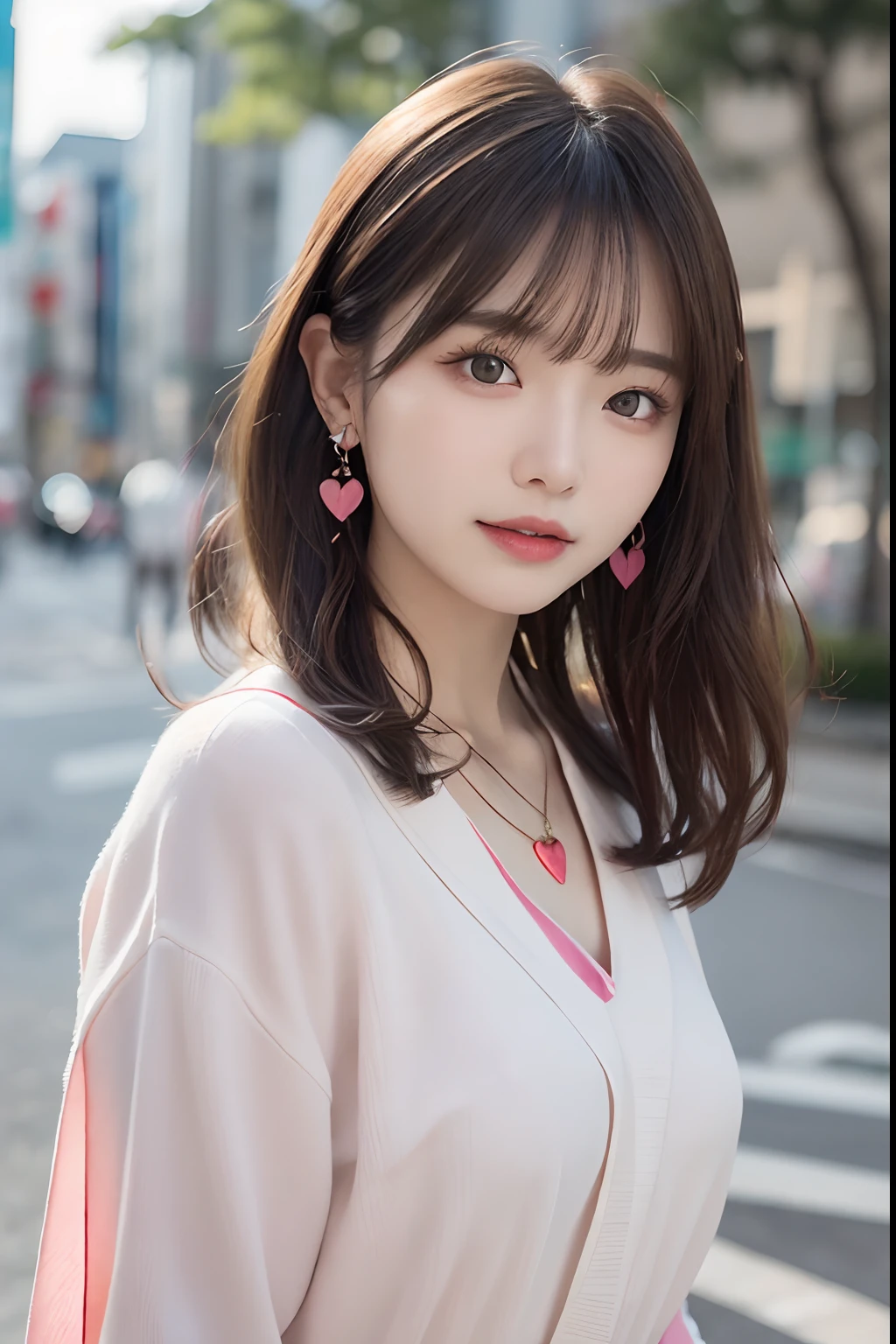 (8K,Raw photo、Raw photo、top-quality、Master masterpiece:1.2)、ultra-detailliert、Super Resolution、(Photorealsitic:1.3)、Angle to shoot from the front、Clearly draw shades of light、high resolution RAW color photos、professional photograpy、Same skin type as humans、Female proofreading of Japan from head to waist、Blur the background、Draws faithfully to anatomy、cafes、Very detailed and beautiful、Ultra-high image quality、long、Hair swaying and sexy、Very detailed beautiful girl、(Pink Eye Shadow)、smil、Plain clothe、Park on a sunny day、Loosely curly hair、turned around、Heart Earrings、a necklace