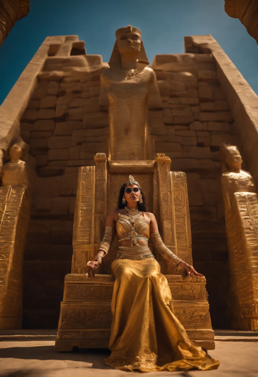 (a girl wearing Egyptian queen costume, Egyptian makeup, wearing a golden scarab necklace, inside a pyramid, sitting on a golden throne, two fully armed Egyptian warriors standing on both sides of the queen, realistic lighting effects, perfect details, ultra-high resolution 4K)