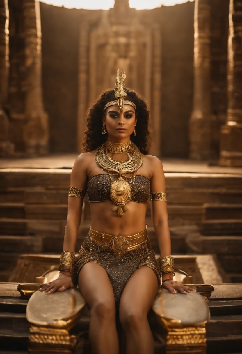 (a girl wearing Egyptian queen costume, Egyptian makeup, wearing a golden scarab necklace, inside a pyramid, sitting on a golden throne, two fully armed Egyptian warriors standing on both sides of the queen, realistic lighting effects, perfect details, ultra-high resolution 4K)