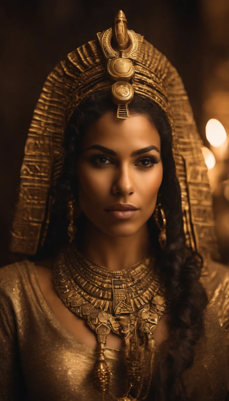 (A girl dressed in the costume of the Queen of Egypt, egyptian makeup, Wearing a golden scarab necklace, Inside the pyramid, sitting on a golden throne, Two heavily armed Egyptian warriors stood on either side of the queen, Realistic lighting effects, Perfect details, Ultra-high resolution 4K)