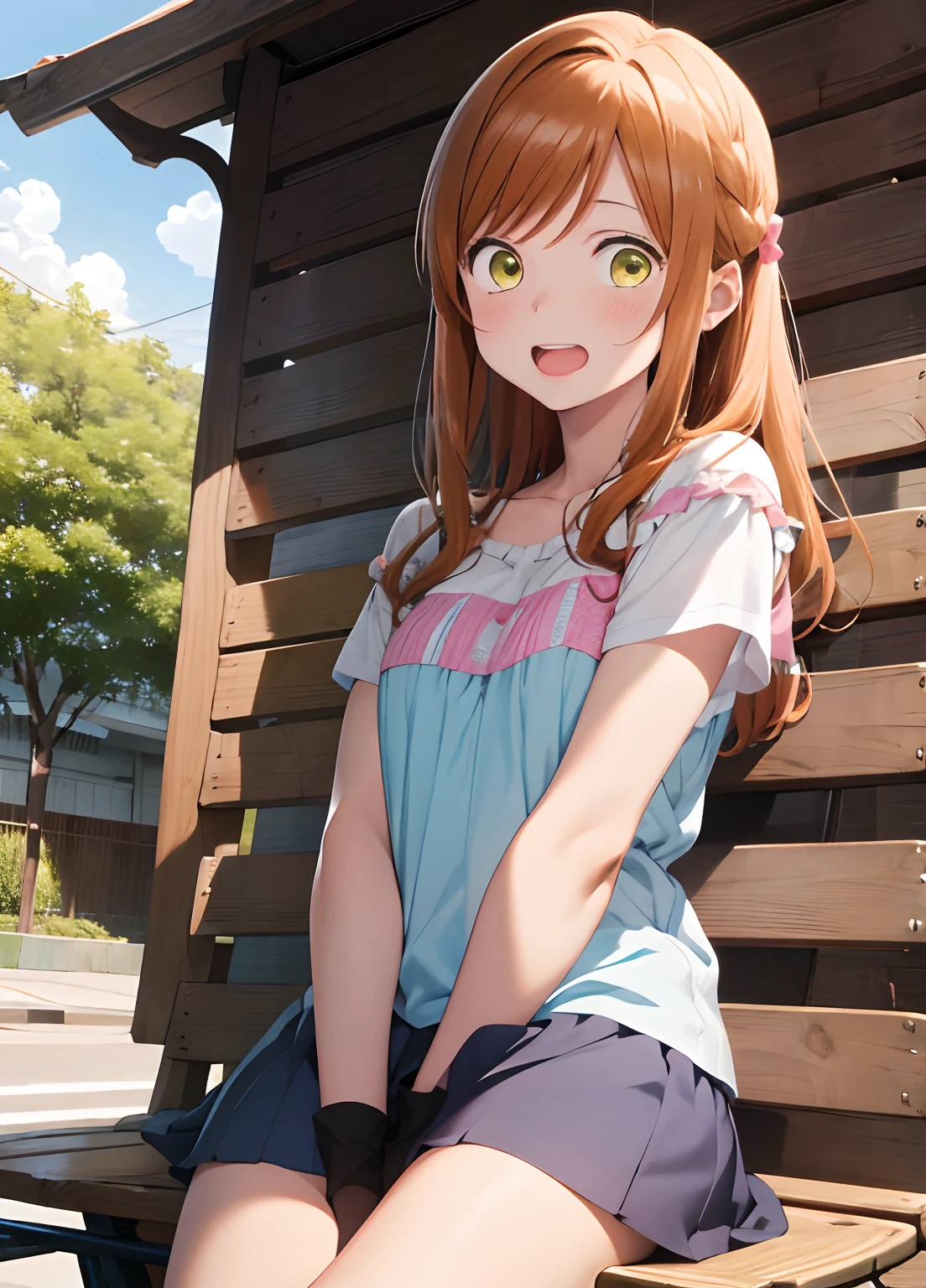 ​masterpiece, top-quality, Akane Kinoshita, 1girl in, Blue shirt, pink  dress, college girls, happiness, Opening Mouth, upper teeth, Bare legged, sitting in a bench, from side, orange color hair，