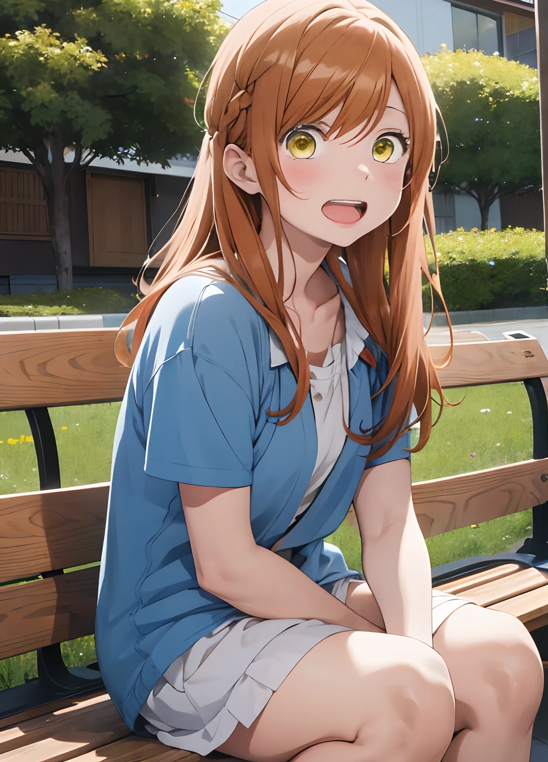 ​masterpiece, top-quality, Akane Kinoshita, 1girl in, Blue shirt, pink  dress, college girls, happiness, Opening Mouth, upper teeth, Bare legged, sitting in a bench, from side, orange color hair，