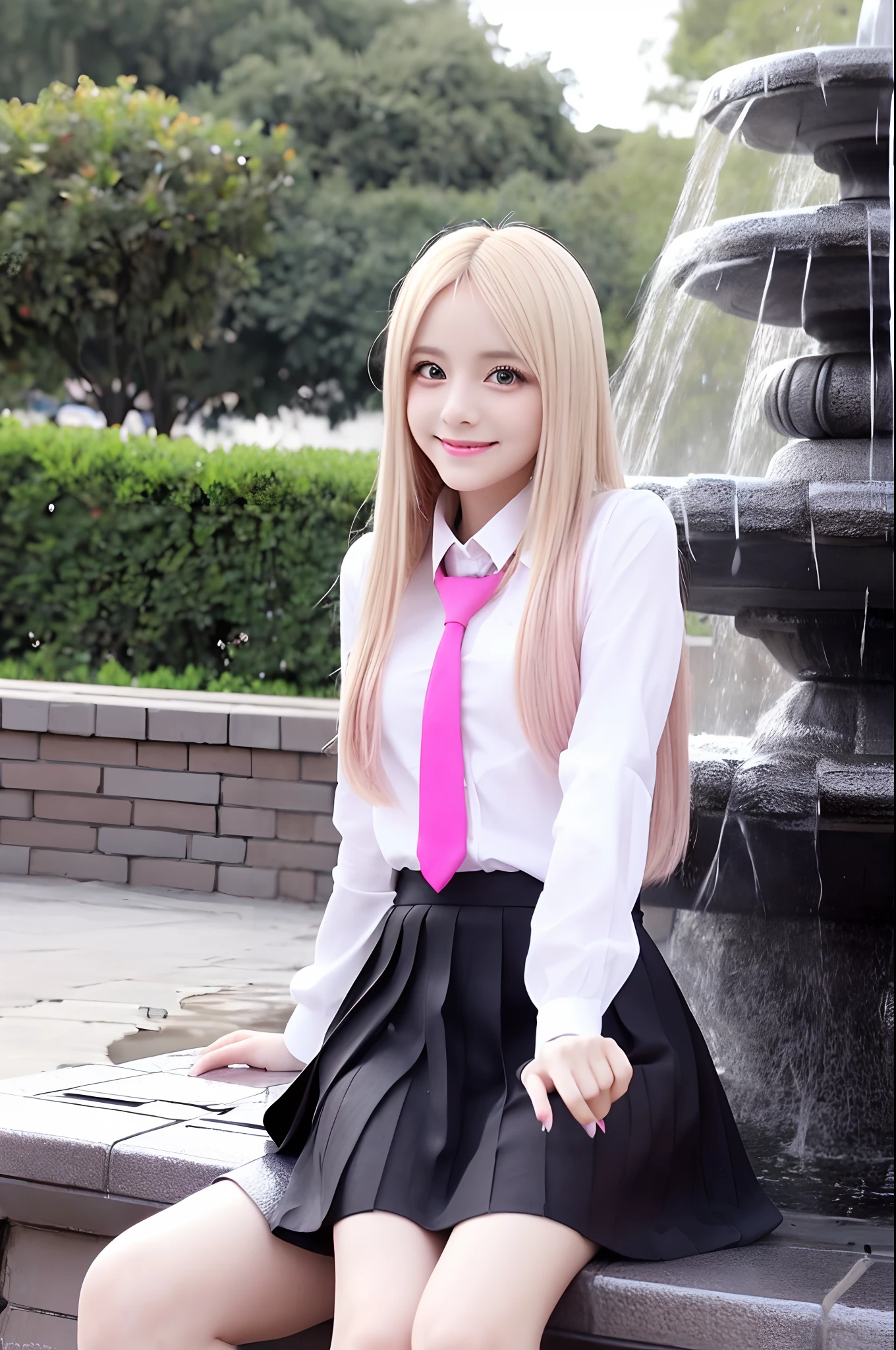 Cute,anime girl, (Pink Huge Eyes), Stylish make-up (Long blonde straight hair), (Sitting on a bench near the fountain), Smiling, Slim,(black and white school uniform)