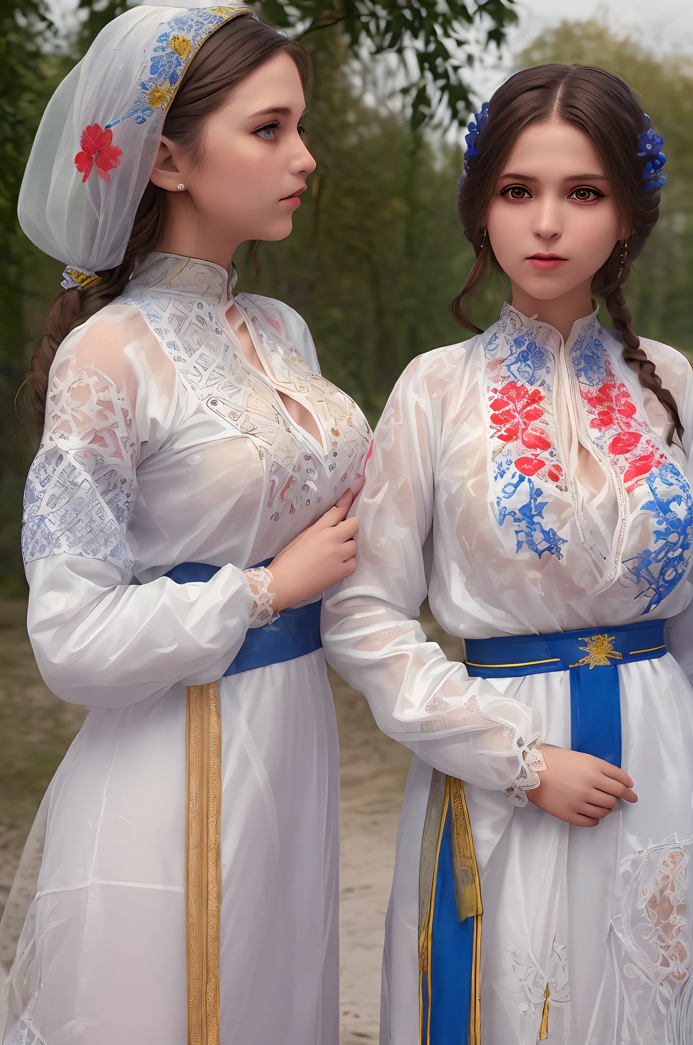 professional photo of of two girls, Embroidery pattern,silk lace,see-through,reveal translucent costume, russia, red blue yellow, intricate, detailed, detailed skin, detailed eyes, photo made with Canon EOS, volumetric light, wheat field, popular on artstation, popular on deviantart, popular on flicker,