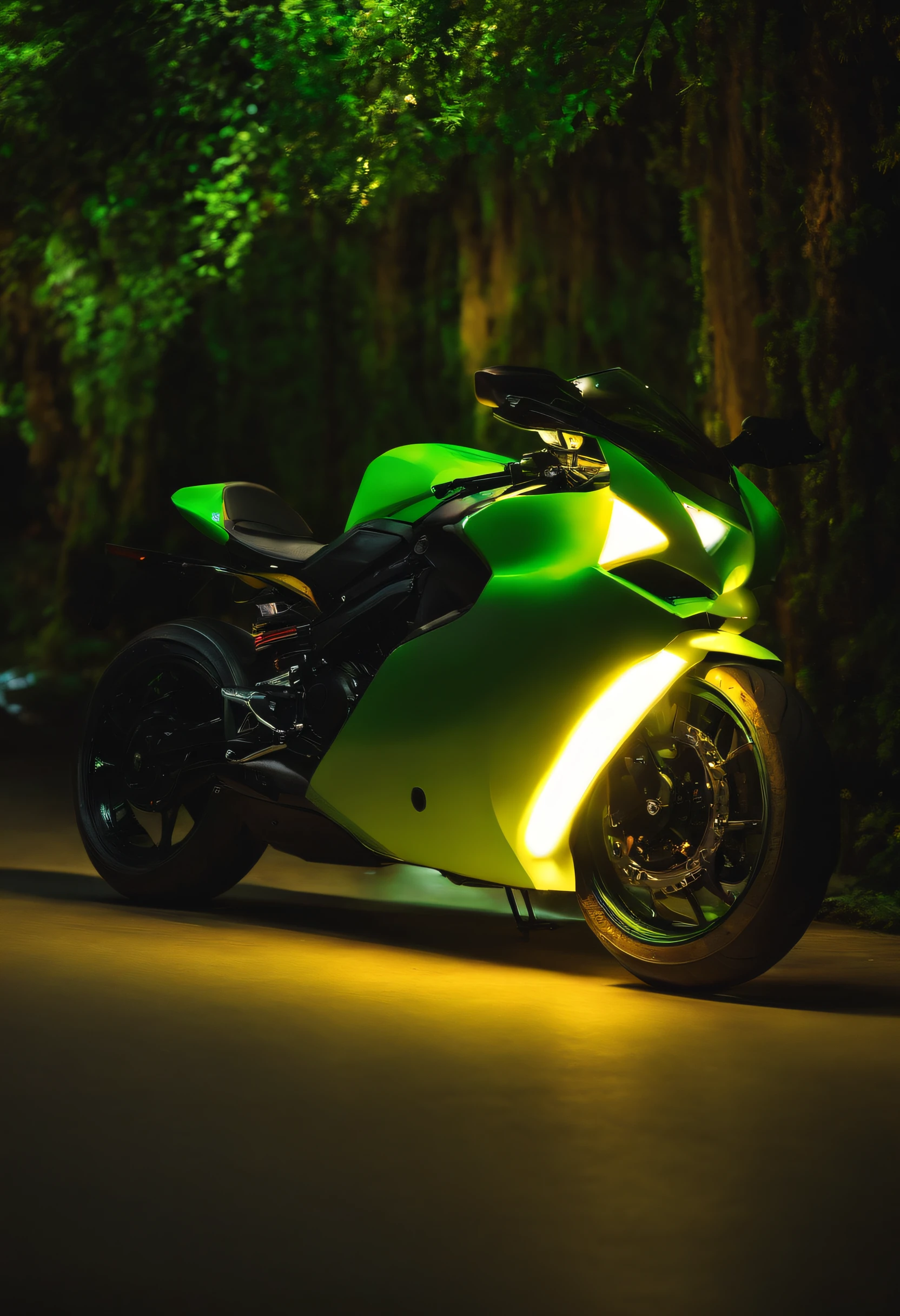 Moto,futurista,com luzes de led vermalha,verde, roxa,,amarela saindo da trazeira .