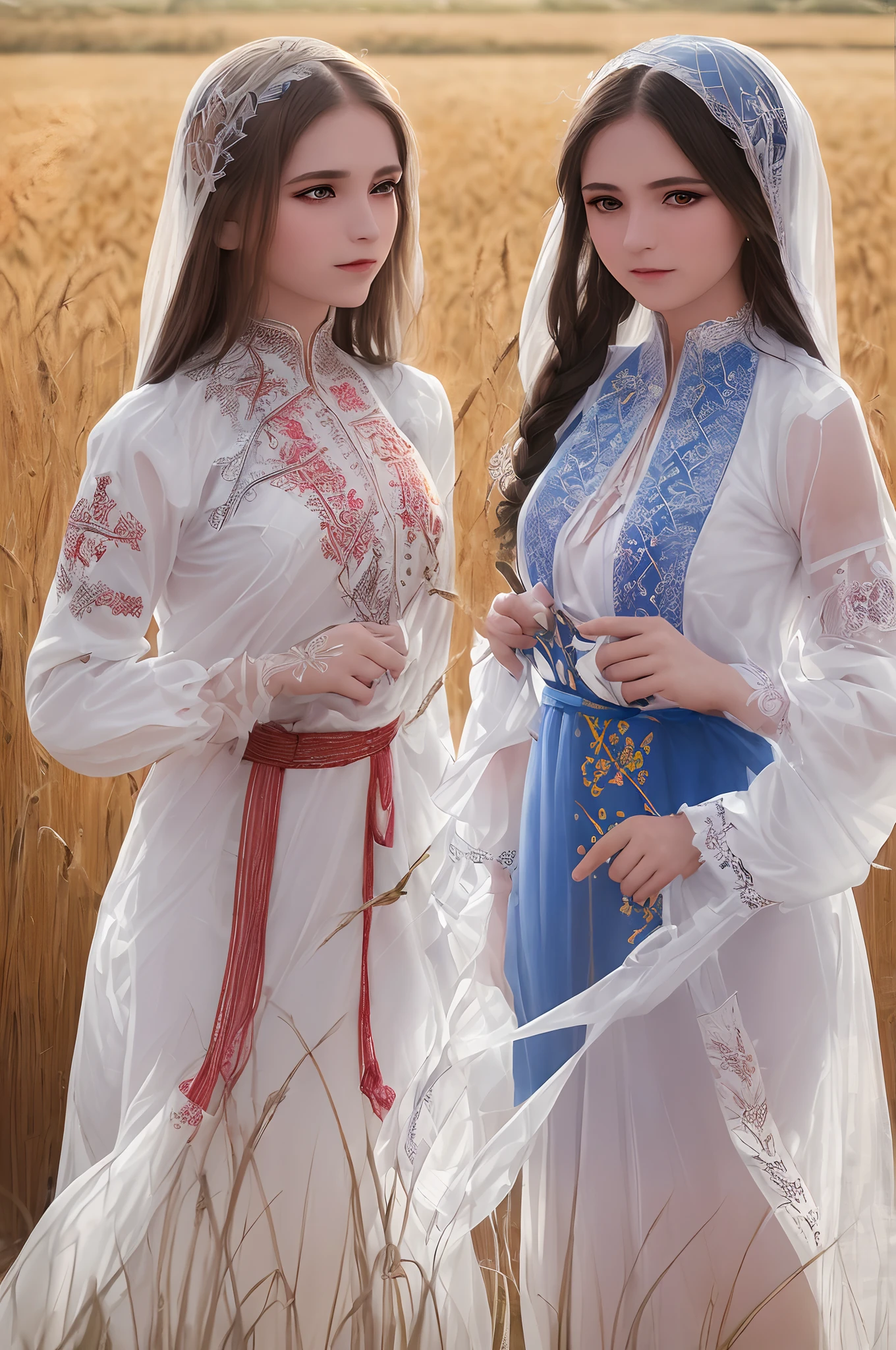 professional photo of  of two girls, Embroidery pattern,silk lace,see-through,reveal translucent costume, russia, red blue yellow, intricate, detailed, detailed skin, detailed eyes, photo made with Canon EOS, volumetric light, wheat field, popular on artstation, popular on deviantart, popular on flicker,