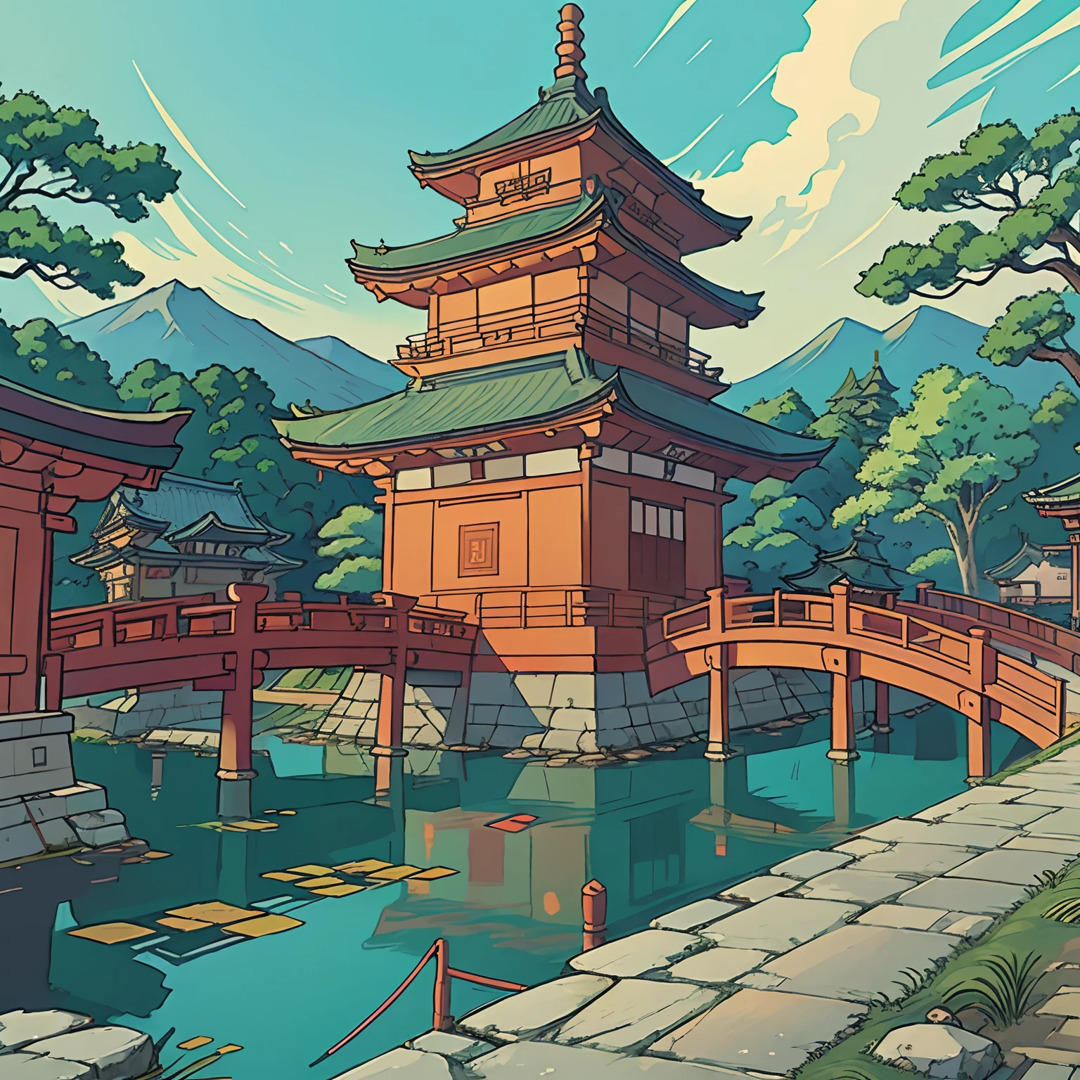 Painting of a Japan temple with a pond and a bridge in the foreground, japanese art style, Anime Background Art, digital painting of a pagoda, anime beautiful peace scene, traditional japanese concept art, Trending on ArtStation pixiv, japanese painting, a beautiful artwork illustration, beautiful anime artwork, landscape artwork, by Ross Tran. scenic background, painted in anime painter studio