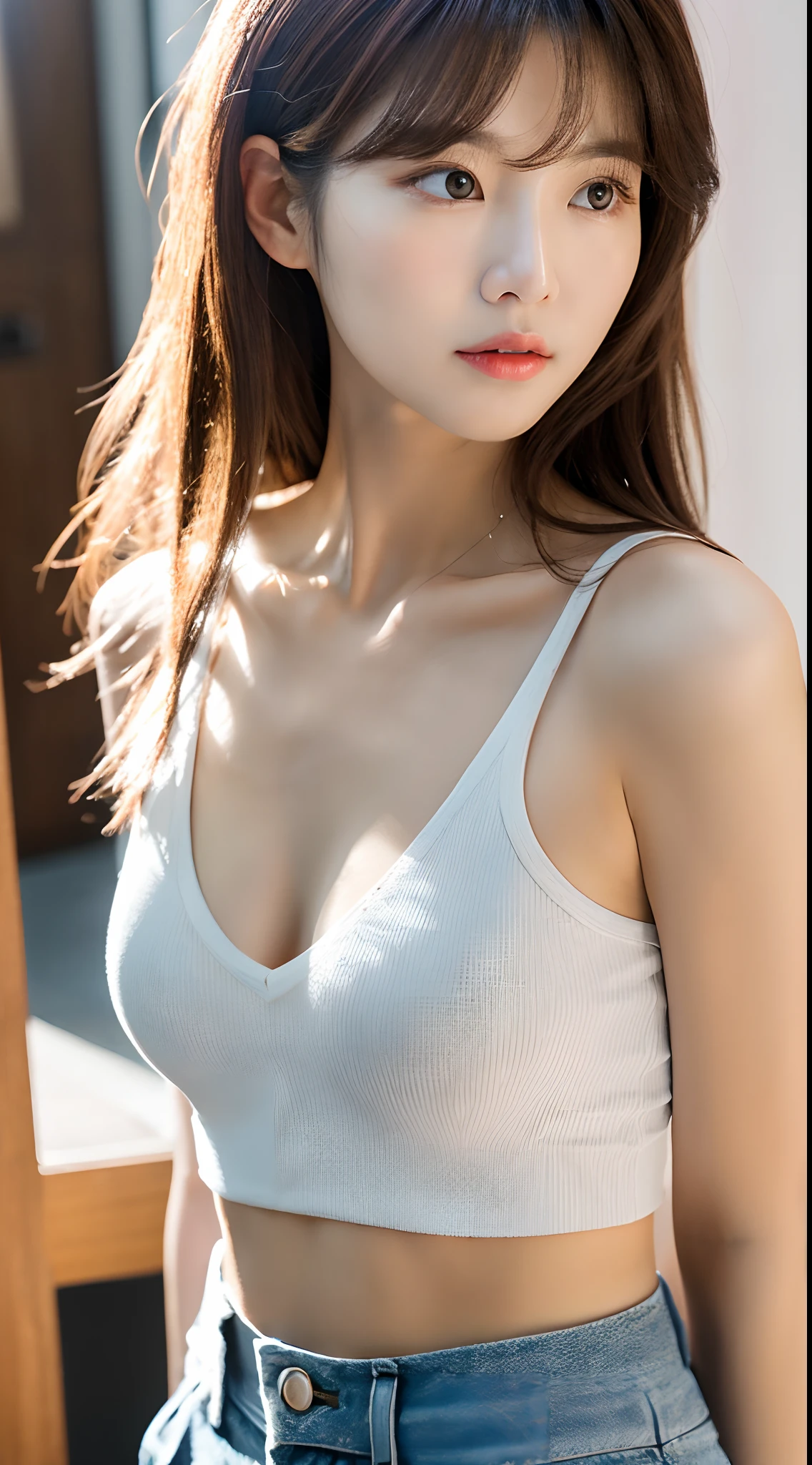 Realistic photos of (1 cute Korean star) single hair ring, thin makeup, 32 inch breasts size,wearing v-neck crop top, pants, standing in front of the church, close-up portrait, UHD