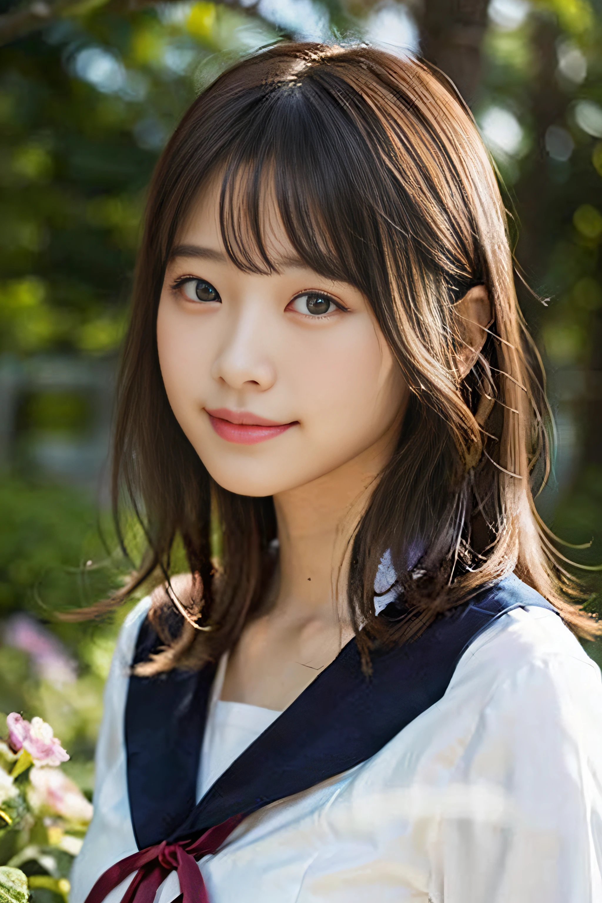 (8K、Raw photography、top-quality、masterpiece:1.2)、(realisitic、Photorealsitic:1.37)、ultra-detailliert、超A high resolution、女の子1人、see the beholder、beautifull detailed face、A smile、Constriction、(Slim waist) :1.3)、Beautiful detailed skin、Skin Texture、Floating hair、Professional Lighting、Whole human body、a blond、japanese hight school uniform、a sailor suit、Twin Hairstyles、E-cup、Happy smile、、Red ribbons、a baby face、in wood the Rising Sun々Sunlight passing through、Deities々Shikai、Hair fluttering in the wind、the wind