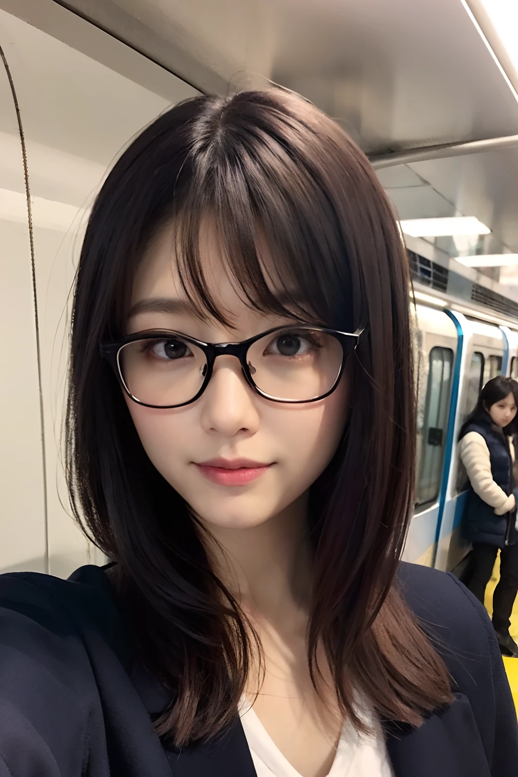 (8K、Raw photography、top-quality、masterpiece:1.2)、(realisitic、Photorealsitic:1.37)、ultra-detailliert、超A high resolution、女の子1人、see the beholder、beautifull detailed face、A smile、Constriction、(Slim waist) :1.3)、short-cut、Beautiful detailed skin、Winter clothes、Skin Texture、Floating hair、Professional Lighting、Wait for the platform train、Black square glasses 、Whole human body、Black hair、Stations in residential areas、