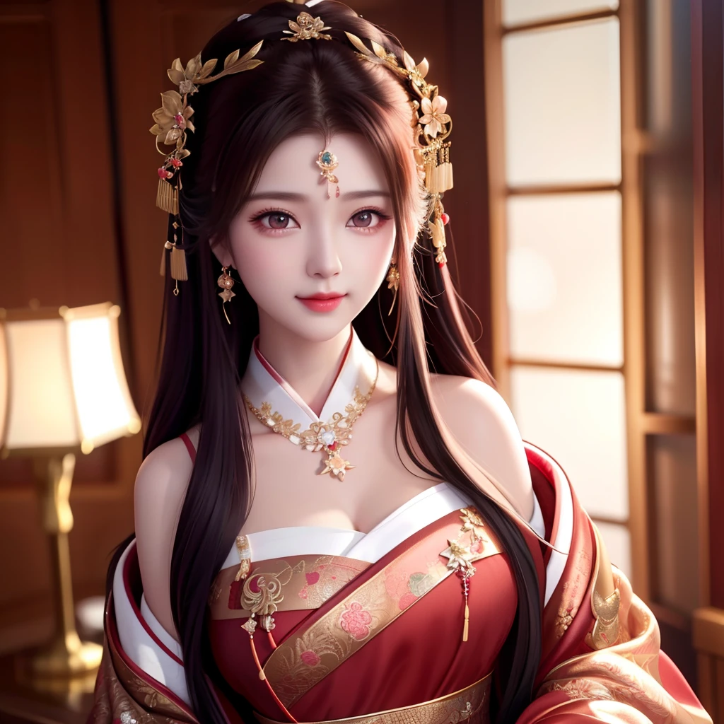 best quality, masterpiece, highres, 1girl,blush,(seductive smile:0.8),star-shaped pupils,sexy china hanfu in red, very luxury, luxury hair ornament, luxury necklace, jewelry,Beautiful face,upon_body, tyndall effect,photorealistic, dark studio, rim lighting, two tone lighting,(high detailed skin:1.2), 8k uhd, dslr, soft lighting, high quality, volumetric lighting, candid, Photograph, high resolution, 4k, 8k, Bokeh