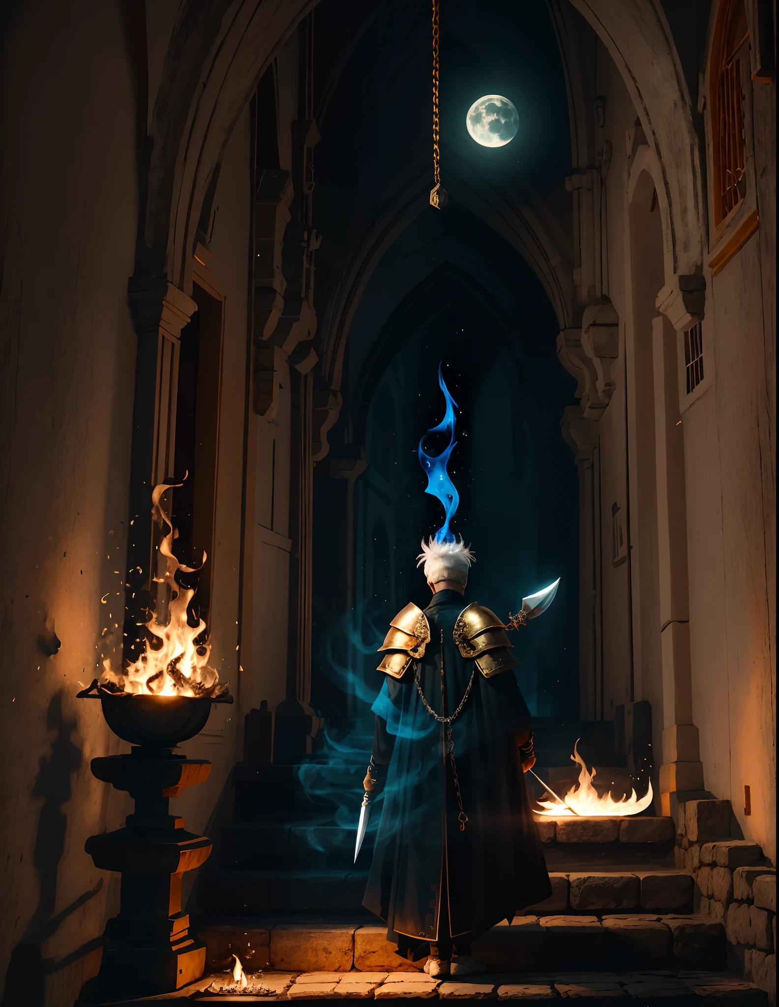 Foto realista de Min Yoongi, With white hair he is wearing a golden armor and behind him is a large moon and he is wielding a kunai chain, Pose de batalha, vento no cabelo, fogo azul ao redor dele, cinematic lighthing, fire, brasas azuis, And it is in this darkness that the only points of light are the bluish fires