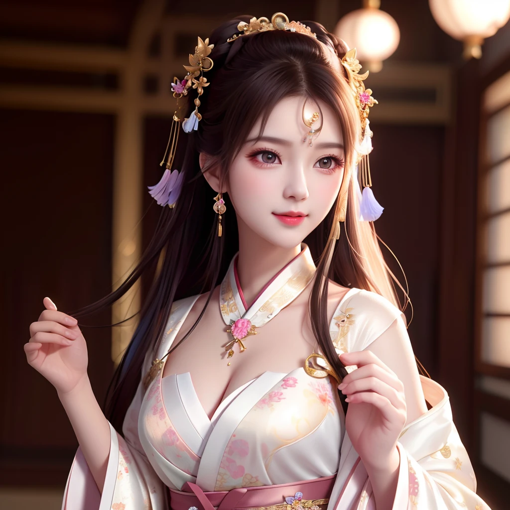 best quality, masterpiece, highres, 1girl,blush,(seductive smile:0.8),star-shaped pupils,sexy china hanfu, princess, very luxury, hair ornament,necklace, jewelry,Beautiful face,upon_body, tyndall effect,photorealistic, dark studio, rim lighting, two tone lighting,(high detailed skin:1.2), 8k uhd, dslr, soft lighting, high quality, volumetric lighting, candid, Photograph, high resolution, 4k, 8k, Bokeh