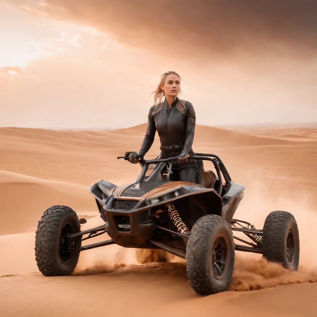 Crazy Max style photo of young woman, Blonde braids, mecha armor, Drive a dune buggy, Desert beach, dust cloud, Abstract beauty, near-perfect, Pure form, intricately details, mushroom cloud, Winner of the Cinematography of the Year, the world on fire, Military photography of post-apocalyptic hellish landscapes, Photography epic of the year, Flames on the horizon, epic cinematic shot, Pure form, intricately details, 8K post-production, high resolution, Super detail, trending on artstationh, Sharp focus, Studio photos, intricately details, Very detailed, by Greg Rutkowski, 8
