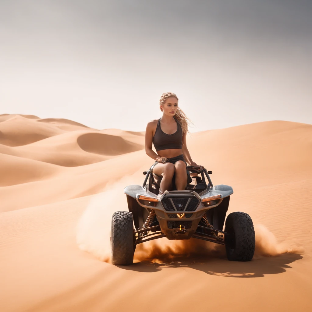 Crazy Max style photo of young woman, Blonde braids, mecha armor, Drive a dune buggy, Desert beach, dust cloud, Abstract beauty, near-perfect, Pure form, intricately details, mushroom cloud, Winner of the Cinematography of the Year, the world on fire, Military photography of post-apocalyptic hellish landscapes, Photography epic of the year, Flames on the horizon, epic cinematic shot, Pure form, intricately details, 8K post-production, high resolution, Super detail, trending on artstationh, Sharp focus, Studio photos, intricately details, Very detailed, by Greg Rutkowski, 8
