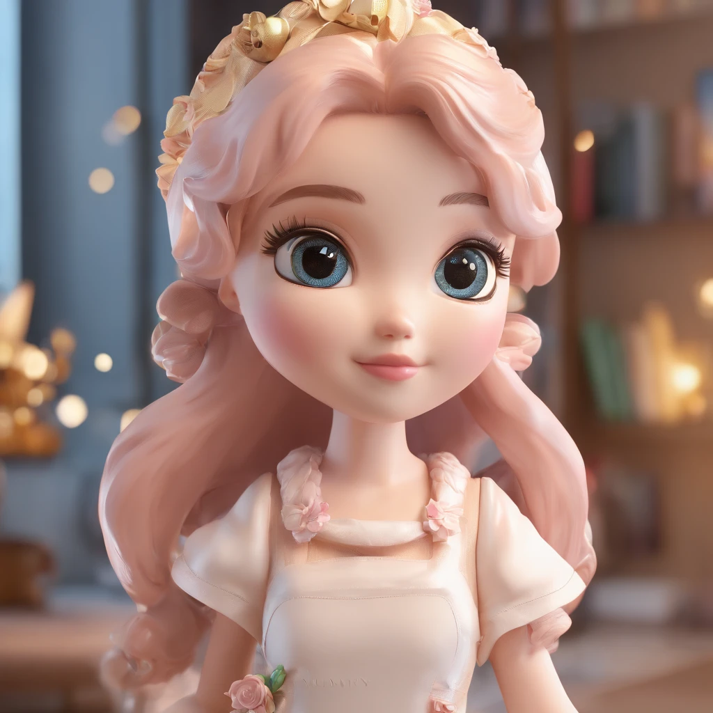 super cute girl IP by pop mart, Bright eyes, cherub,Little white dress, Clay, Models, a blind box toy, Glossy and delicate,Clean background, Good gloss, 3D rendering of,Best quality