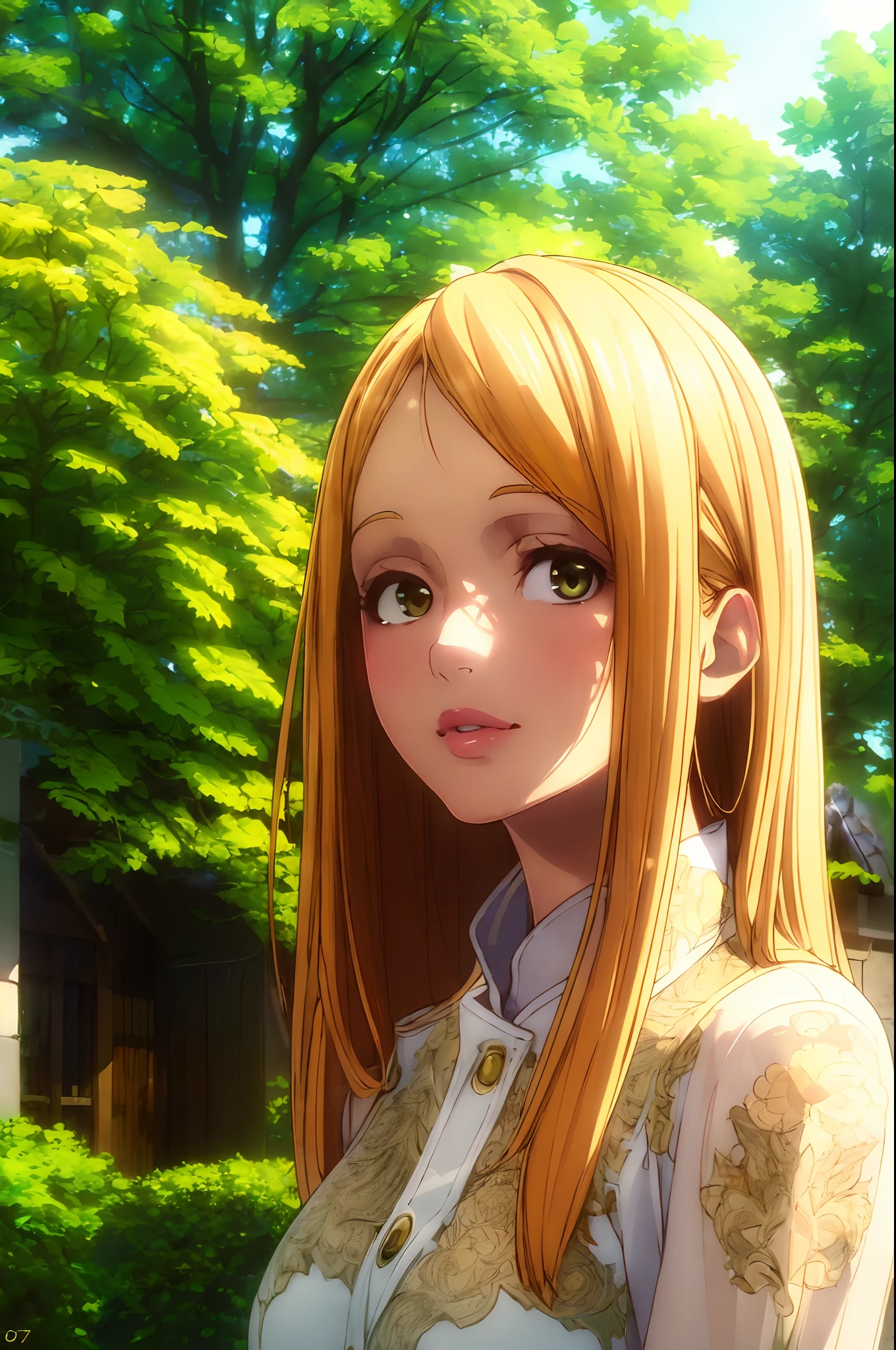 (best quality,4k,8k,highres,masterpiece:1.2),ultra-detailed,(realistic,photorealistic,photo-realistic:1.37),portraits,A girl in a garden,beautiful detailed eyes,beautiful detailed lips,extremely detailed eyes and face,longeyelashes,blonde hair,yellow hair,brown eyes,lush green garden,floral surroundings,sunlit atmosphere,vibrant colors,natural sunlight,golden hour lighting,soft and warm tones,aesthetic charm