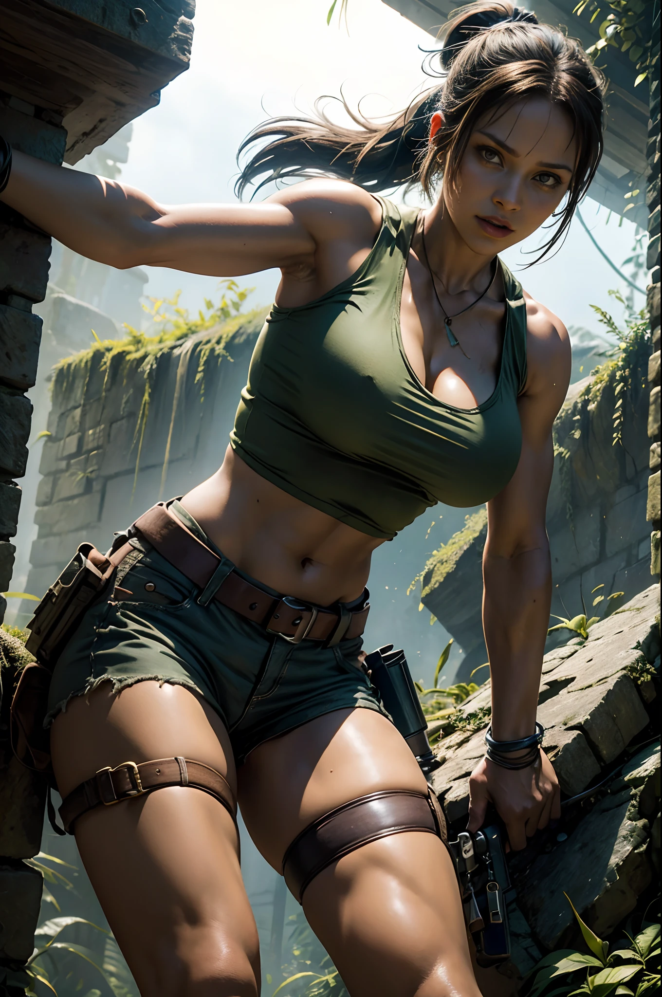 Lara Croft Tomb Raider, wielding guns and exploring ancient ruins. (best quality,ultra-detailed),lara croft,adventurous,dangerous,young woman,strong,brave,athletic,treasure hunter,fearless,long brown hair,wearing cargo shorts,combat boots, blue tank top,gritty and realistic,high-contrast lighting,moss-covered stone walls,tropical foliage,vivid colors, blue tank top, cleavage, large boobs, braided ponytail, solo, 1girl, hands at sides