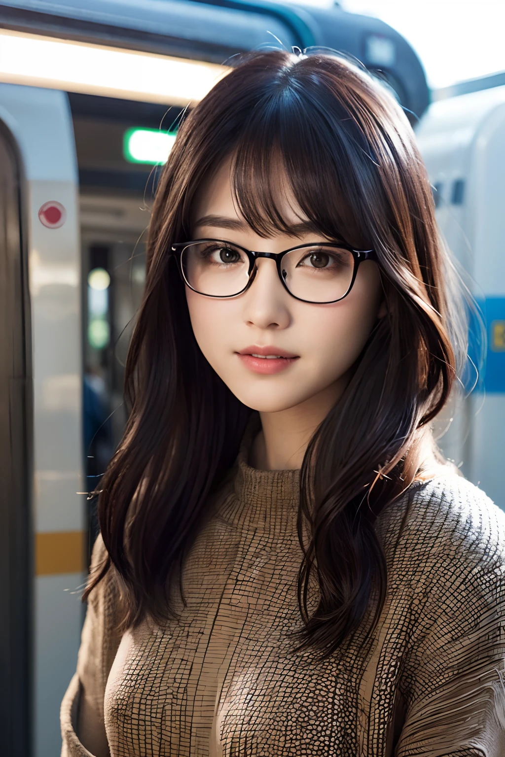 (8K、Raw photography、top-quality、​masterpiece:1.2)、(realisitic、Photorealsitic:1.37)、ultra-detailliert、超A high resolution、1人、see the beholder、beautifull detailed face、A smile、Constriction、(Slim waist) :1.3)、short-cut、Beautiful detailed skin、Winter clothes、Skin Texture、Floating hair、Professional Lighting、Wait for the platform train、Black square glasses  、Whole human body、Black hair、Stations in residential areas、