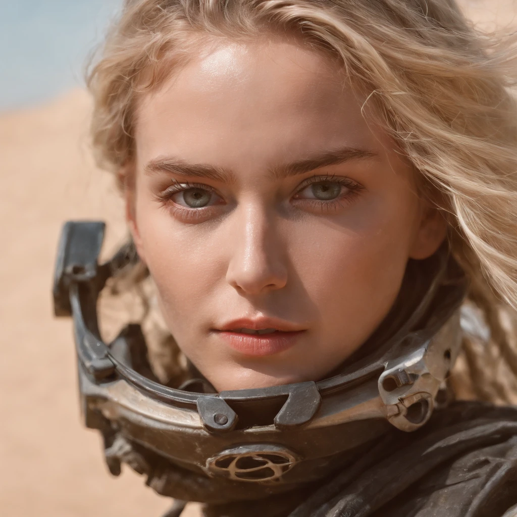 Crazy Max style photo of young woman, Blonde braids, mecha armor, Drive a dune buggy, Desert beach, dust cloud, Abstract beauty, near-perfect, Pure form, intricately details, mushroom cloud, Winner of the Cinematography of the Year, the world on fire, Military photography of post-apocalyptic hellish landscapes, Photography epic of the year, Flames on the horizon, epic cinematic shot, Pure form, intricately details, 8K post-production, high resolution, Super detail, trending on artstationh, Sharp focus, Studio photos, intricately details, Very detailed, by Greg Rutkowski, 8