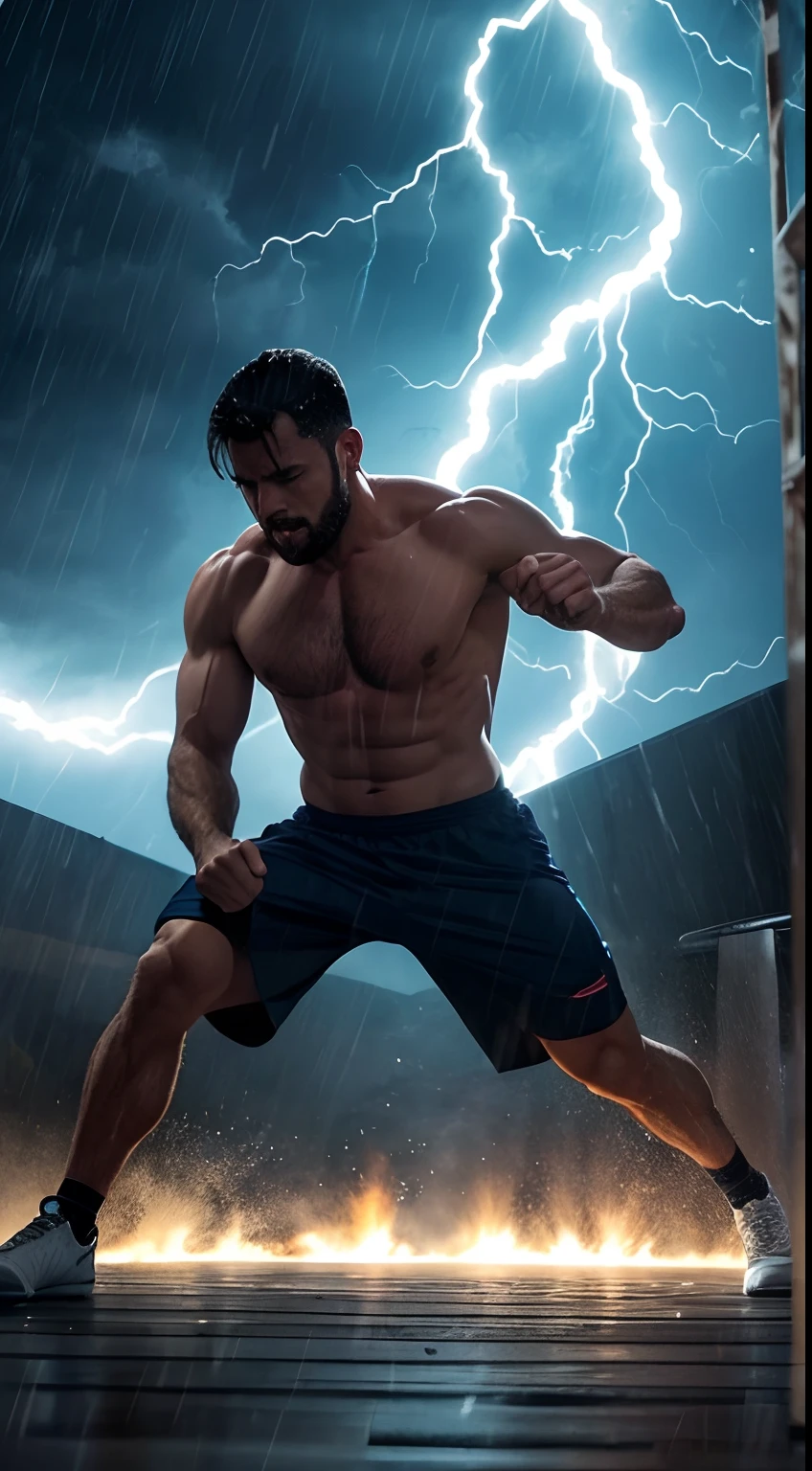 Un hombre haciendo ejercicios con mancuernas en una tormenta con rayos