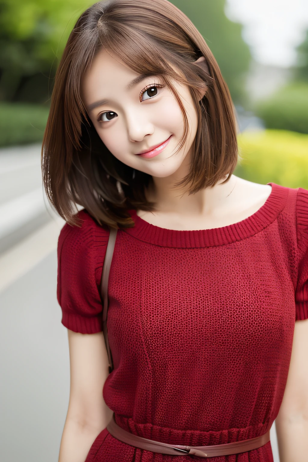top-quality、ultra-detailliert、masterpiece、realisitic、Photo Real、one girls、(Cute 17 year old girl、small head)、(kawaii:1.2)、smil、(Brown hair、Short bob hair)、eyes are brown、perfect glossy skin、Double eyelids、with round face、((A slender))、((Perfect body))、accurate depiction、Red Wedding Dress、in a full body、Blur the background