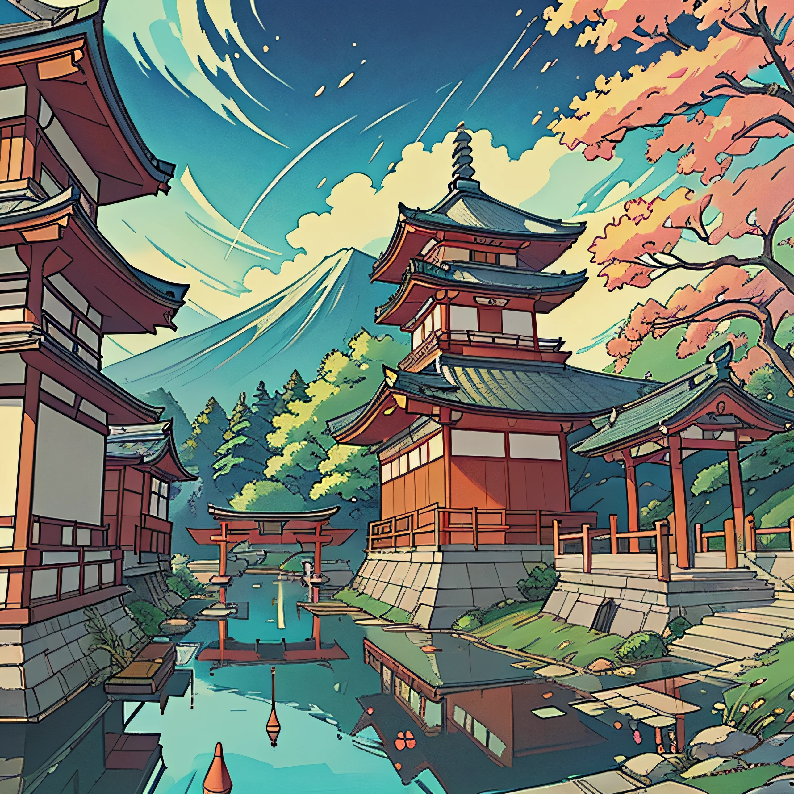 Painting of a Japan temple with a pond and a bridge in the foreground, japanese art style, Anime Background Art, digital painting of a pagoda, anime beautiful peace scene, traditional japanese concept art, Trending on ArtStation pixiv, japanese painting, a beautiful artwork illustration, beautiful anime artwork, landscape artwork, by Ross Tran. scenic background, painted in anime painter studio