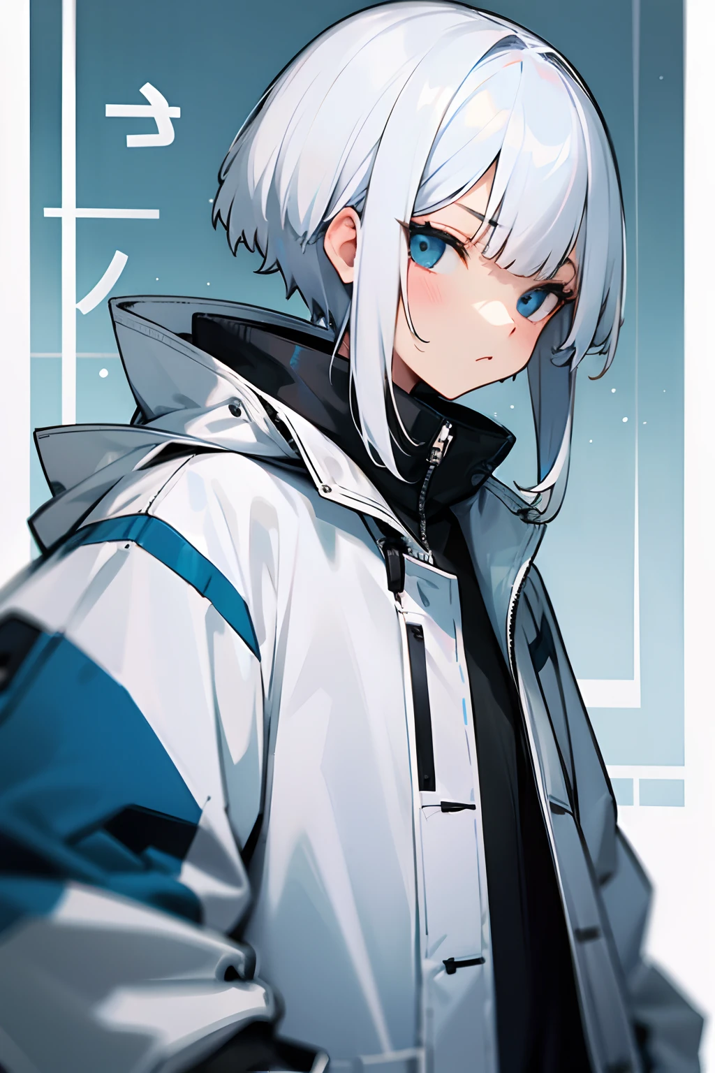 femele、white  hair、short-cut、Straight face、parka、Turning around