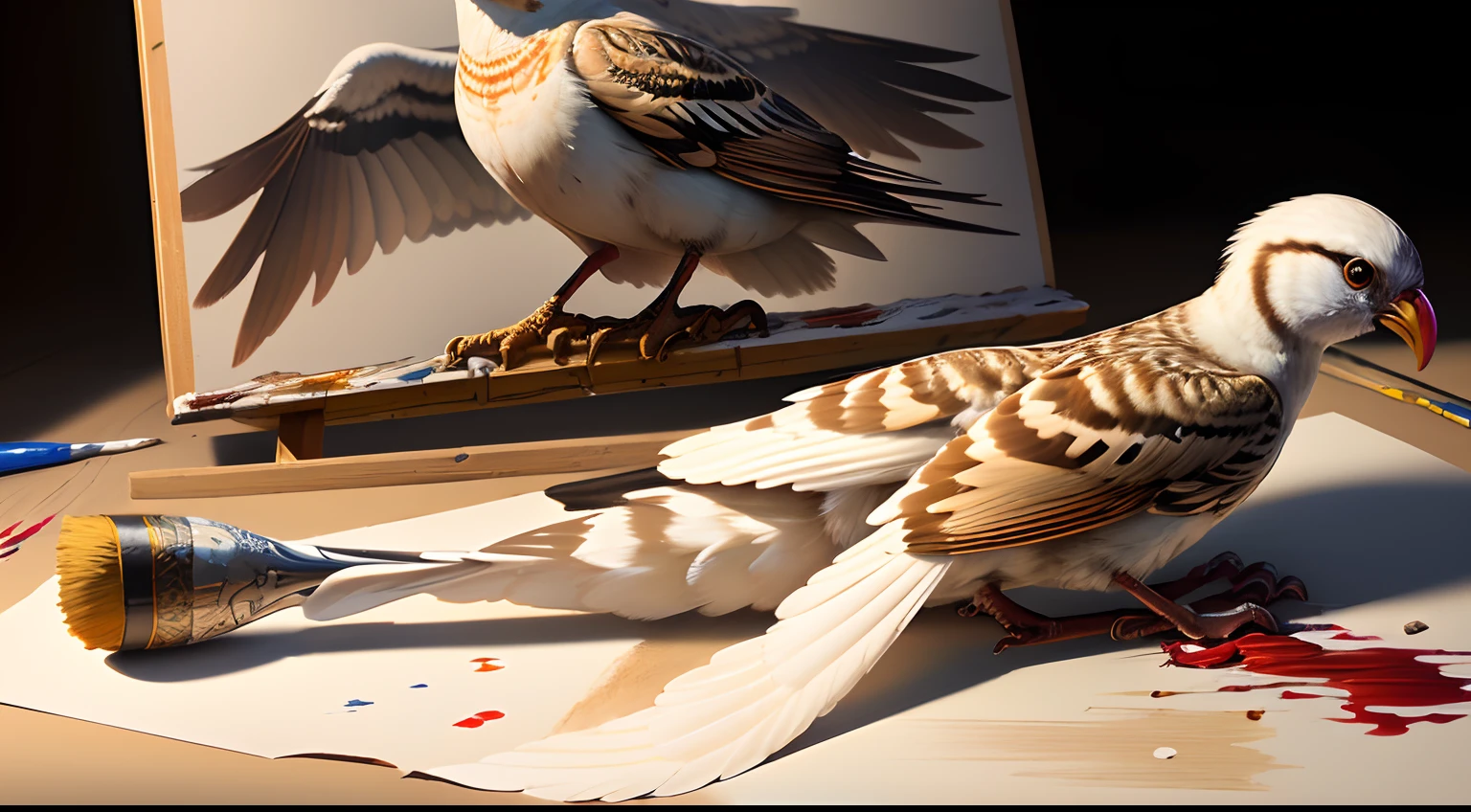 ((Extreme detail)),(Ultra-detailed),(Painting), Chiaroscuro, White background,A thin chick is drawn on the drawing board,Injuries while lying on the ground,There is blood on the wings,There are painted pens and paints around,The bird is in the drawing paper