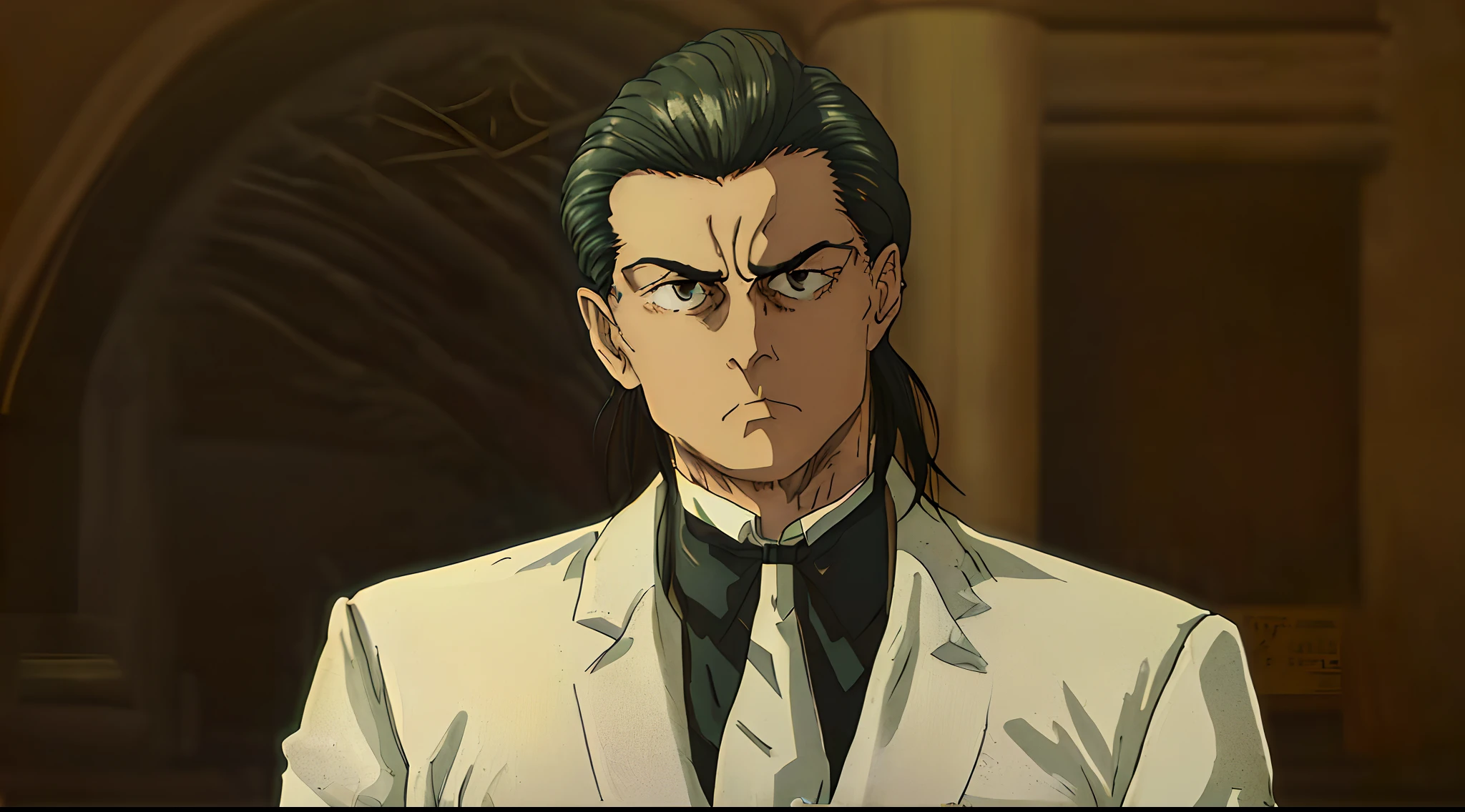 dark hair, slicked back hair, serious face, white suit, white tie, hd, highres