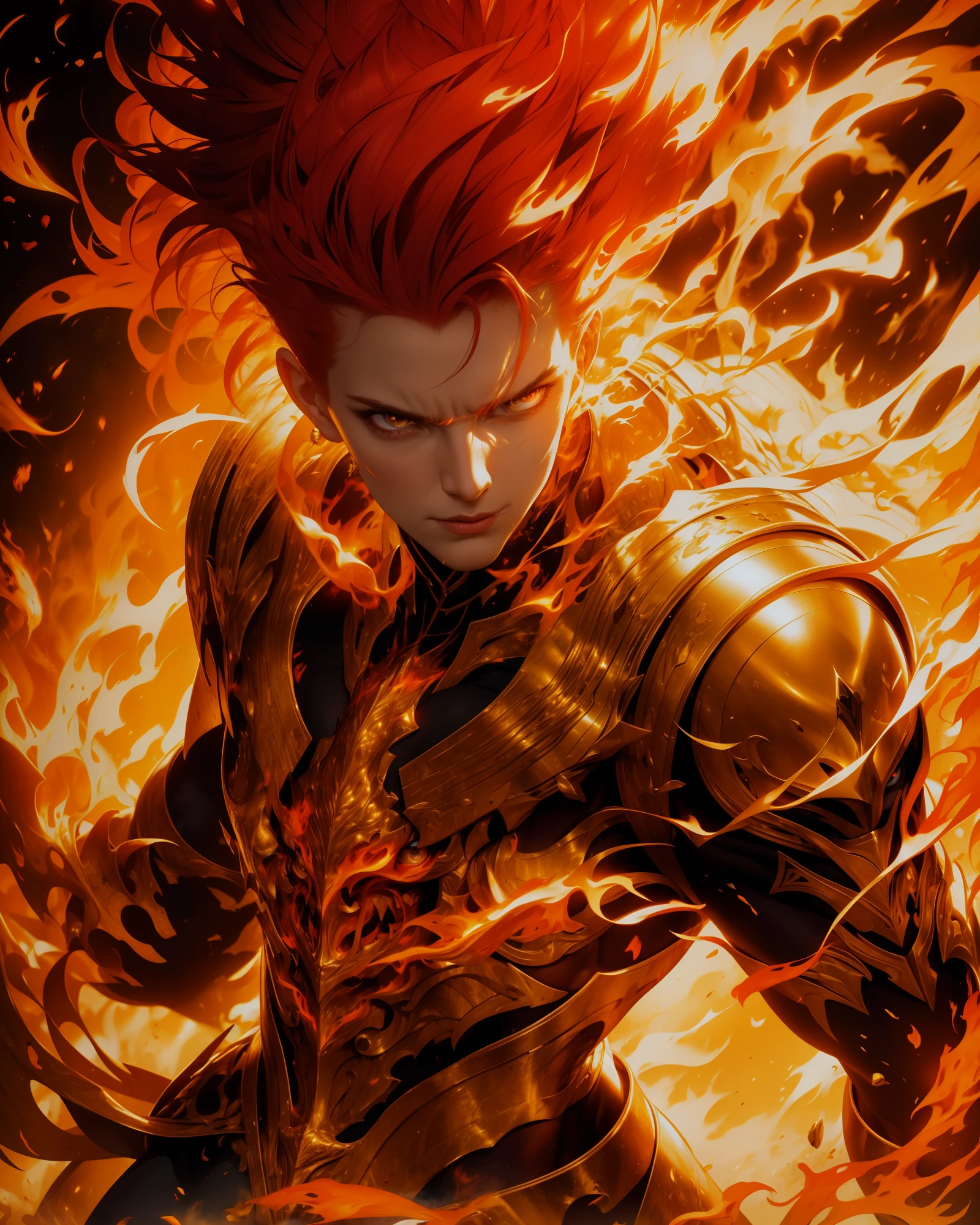 flame prince,illustration,fiery red hair,fiery red beard,royal golden crown,enchanted golden armor,commanding posture,intense gaze,sparks flying,smoke and flames surrounding,confident and powerful,realistic,highres,physically-based rendering,vivid colors,warm color tones,dramatic lighting