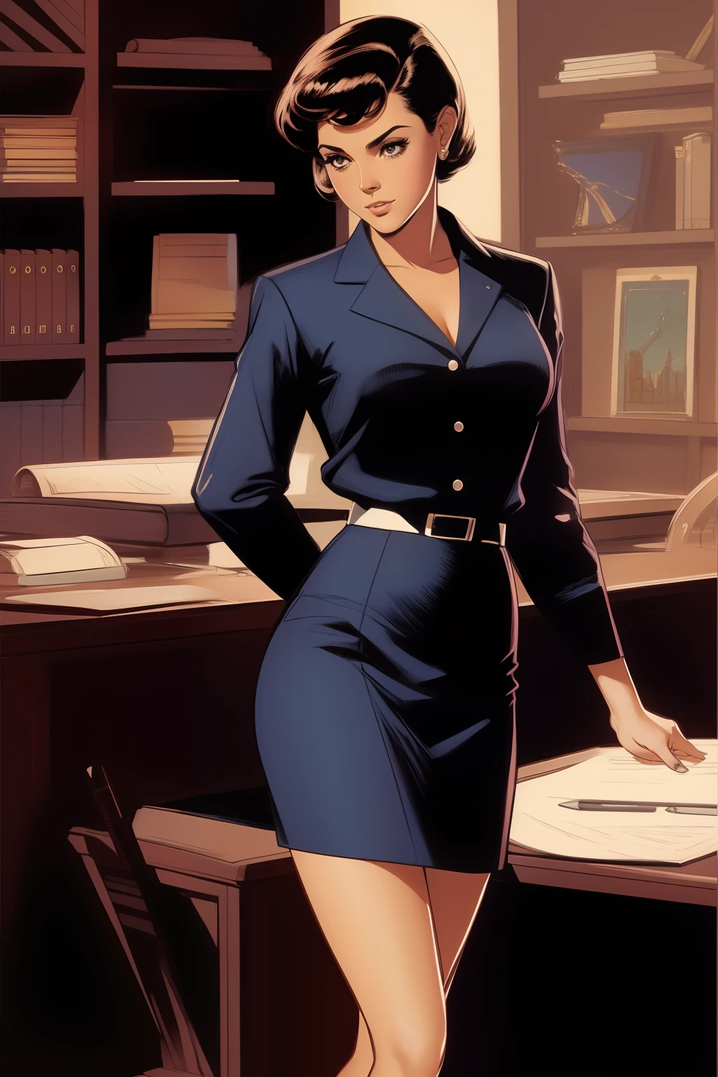 Arte inspirada em John Buscema,1 girl, Noite, short hair, elegante, office uniform, short black pencil skirt, Casa, Wet, deitado na cama