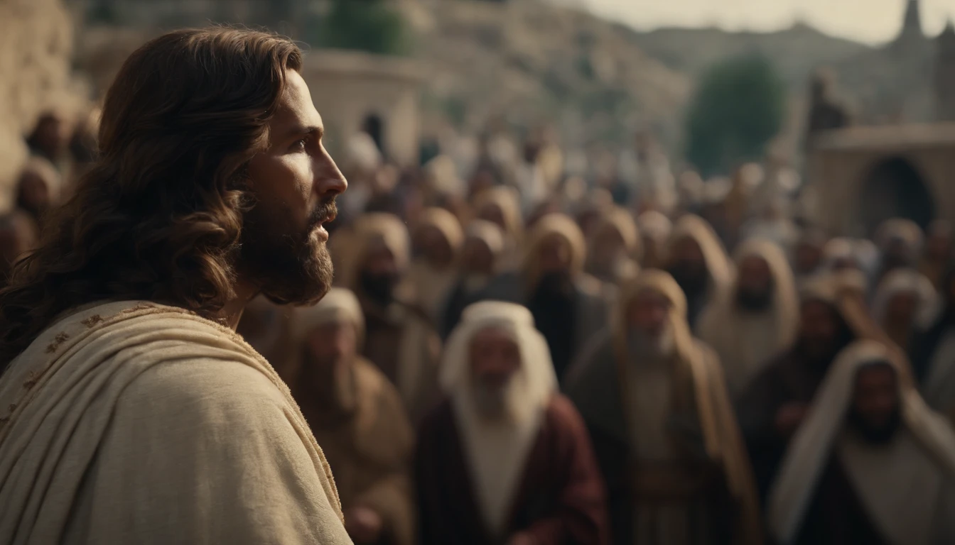 Jesus telling parables in a crowd, Realistic, 8k, cinemactic
