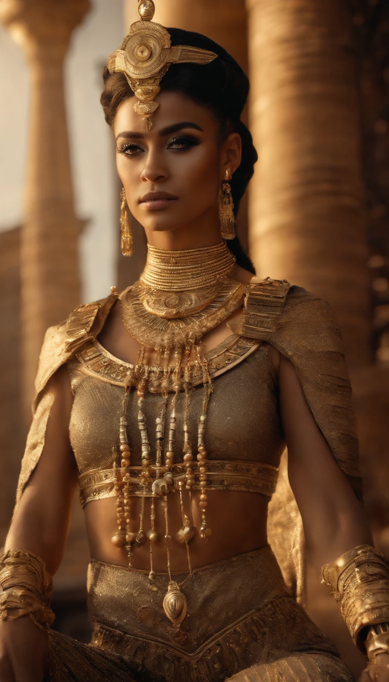 A girl dressed in Egyptian queen attire, with a Cleopatra-style makeup, wearing a golden scarab necklace, adorned in luxurious golden noble clothing, sitting on a golden throne inside a pyramid, with two fully armed Egyptian warriors standing on either side of the queen, realistic lighting effects, perfect details, ultra-high resolution 4k.