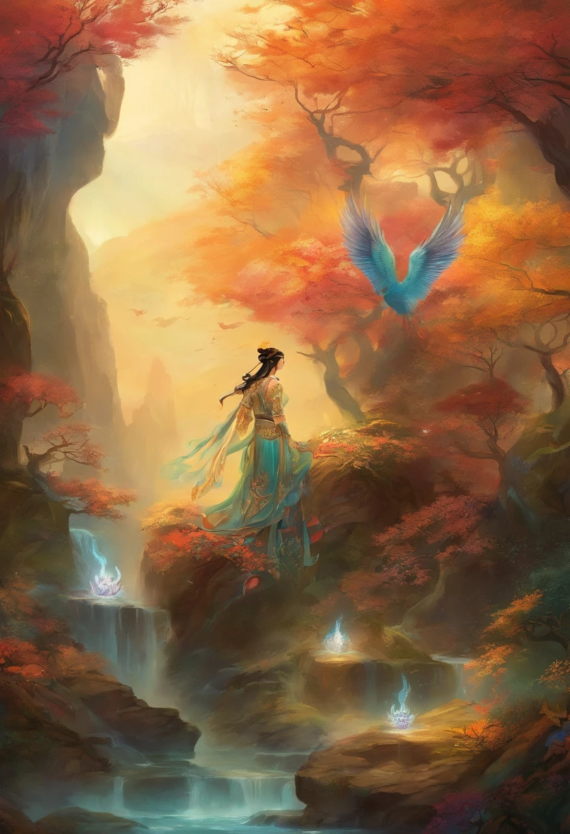 mythological creatures,Traditional Chinese elements,Ancient murals,Illustrative myths,Fuyao Legend,Dappled light,Hazy haze,mystical aura,tmasterpiece,k hd,Rich in color,Detailed details,Seven colors