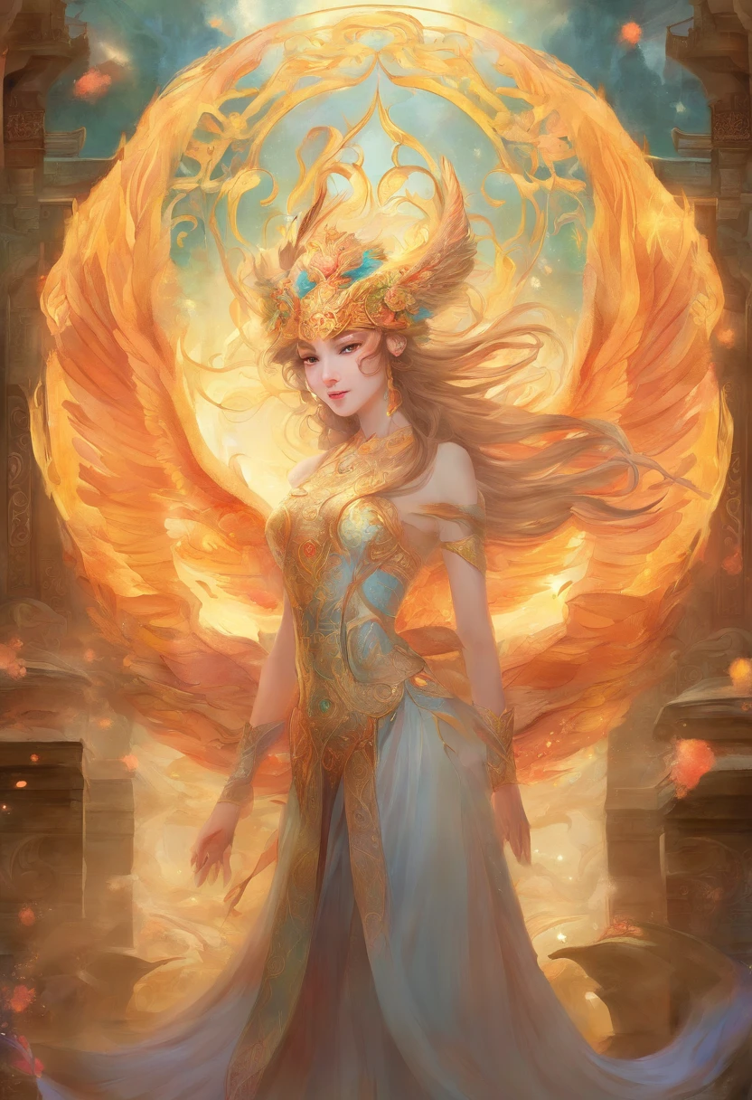 (tmasterpiece,top Quority,offcial art,Beauty and aesthetics:1.2),1girll, are standing, Gold-patterned robe, White pants, look at front, The aura of the halo, Gold Wing, had his hands folded, coiffed blonde hair, Black eyes, Closed mouth, (The upper part of the body), sunny clear sky, Skylight, Abandoned temple background, extremely detaile,(s fractal art:1.3),Extremely colorful,Most detailed。