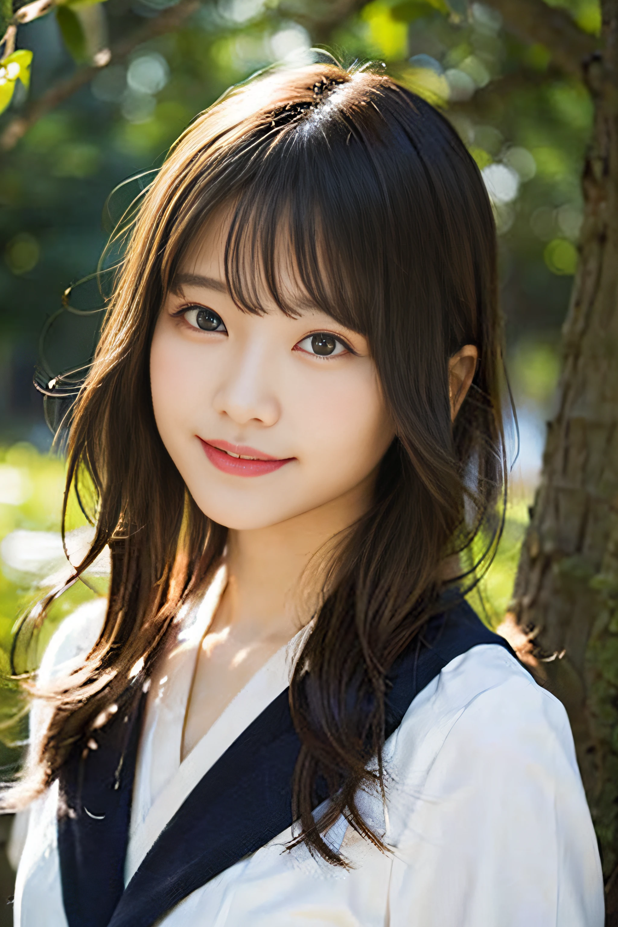 (8K、Raw photography、top-quality、​masterpiece:1.2)、(realisitic、Photorealsitic:1.37)、ultra-detailliert、超A high resolution、女の子1人、see the beholder、beautifull detailed face、A smile、Constriction、(Slim waist) :1.3)、Beautiful detailed skin、Skin Texture、Floating hair、Professional Lighting、Whole human body、a blond、japanese hight school uniform、a sailor suit、Twin Hairstyles、E-cup、Happy smile、sixteen years old、Red ribbons、a baby face、in woods、Tree of the Rising Sun々Sunlight passing through、Deities々Shikai、Hair fluttering in the wind、the wind