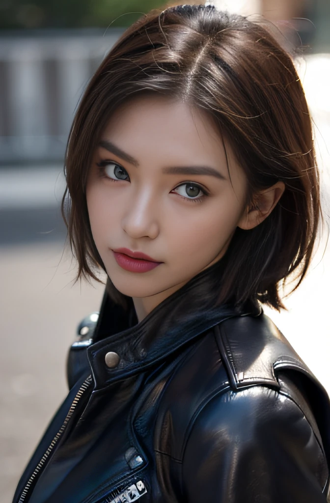 A close up of a woman in a leather jacket posing for a picture - SeaArt AI
