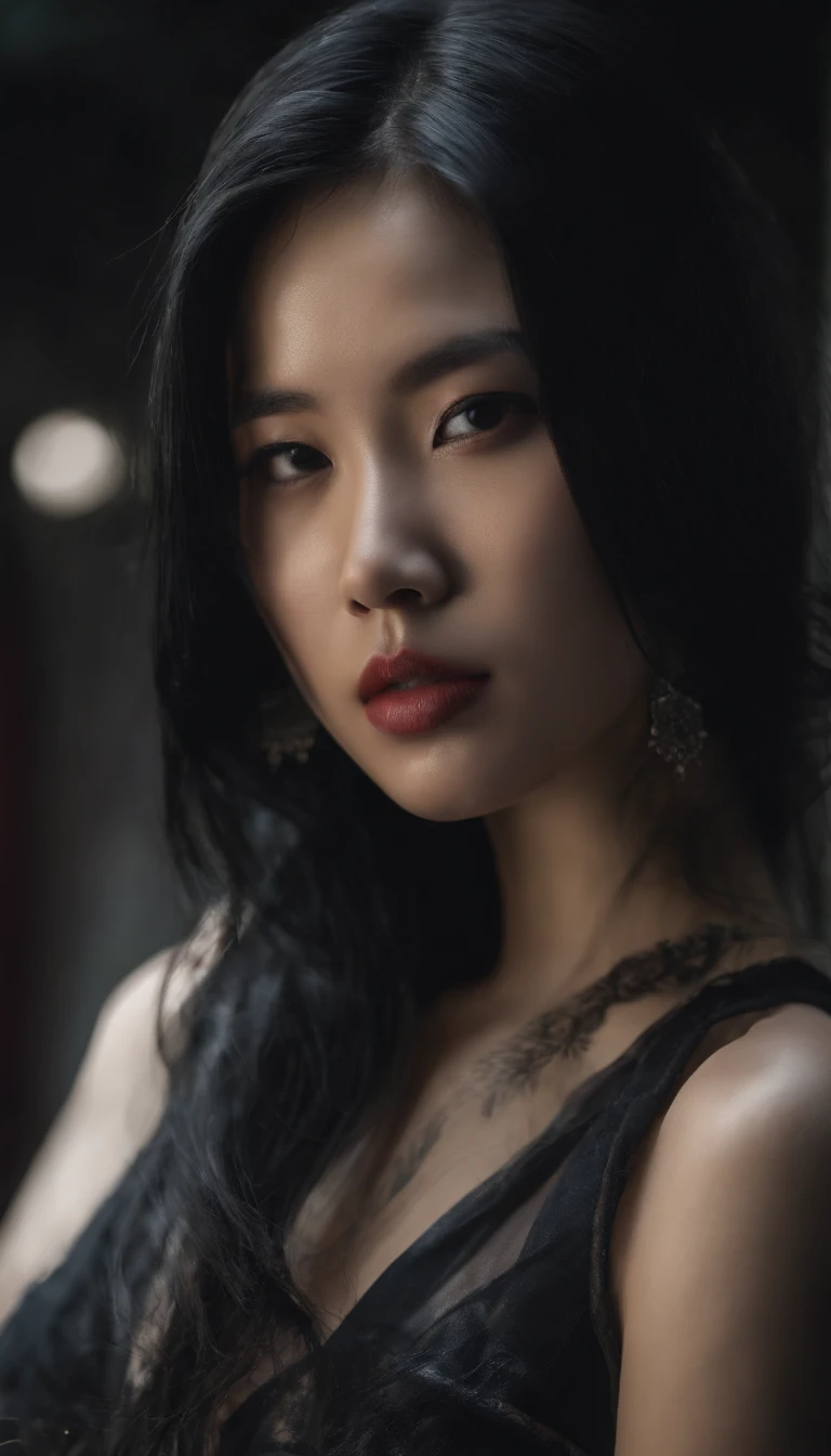 (Girl in the garden,)Dark, mizore, Gothic girl, Seductive gaze, of taiwanese girl with tattoos, Black leather jacket, Korean girl, Black bra, signatures, Long silver hair，Seductive style, seductive cyberpunk dark fantasy, Sexy outfit, Seductive girl, Extremely sexy clothing, Asian girl, Charming Chinese model, Sexy hot body, Seductive gaze shots, character is standing, submission, full body shot of. (Best quality, 4K, 8K, A high resolution, Masterpiece:1.2), Ultra-detailed, (Realistic, Photorealistic, photo-realistic:1.37), hdr, hyper HD, Studio lighting, Ultra-fine painting, Sharp focus, Physically-based rendering, Extreme detail description, professional, Vivid colors, Bokeh, sportrait, An enticing color palette, Dramatic lighting.