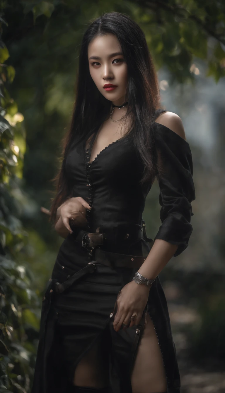 (Girl in the garden,)Dark, mizore, Gothic girl, Seductive gaze, of taiwanese girl with tattoos, Black leather jacket, Korean girl, Black bra, signatures, Long silver hair,Seductive style, seductive cyberpunk dark fantasy, Sexy outfit, Seductive girl, Extremely sexy clothing, Asian girl, Charming Chinese model, Sexy hot body, Seductive gaze shots, character is standing, submission, full body shot of. (Best quality, 4K, 8K, A high resolution, Masterpiece:1.2), Ultra-detailed, (Realistic, Photorealistic, photo-realistic:1.37), hdr, hyper HD, Studio lighting, Ultra-fine painting, Sharp focus, Physically-based rendering, Extreme detail description, professional, Vivid colors, Bokeh, sportrait, An enticing color palette, Dramatic lighting.