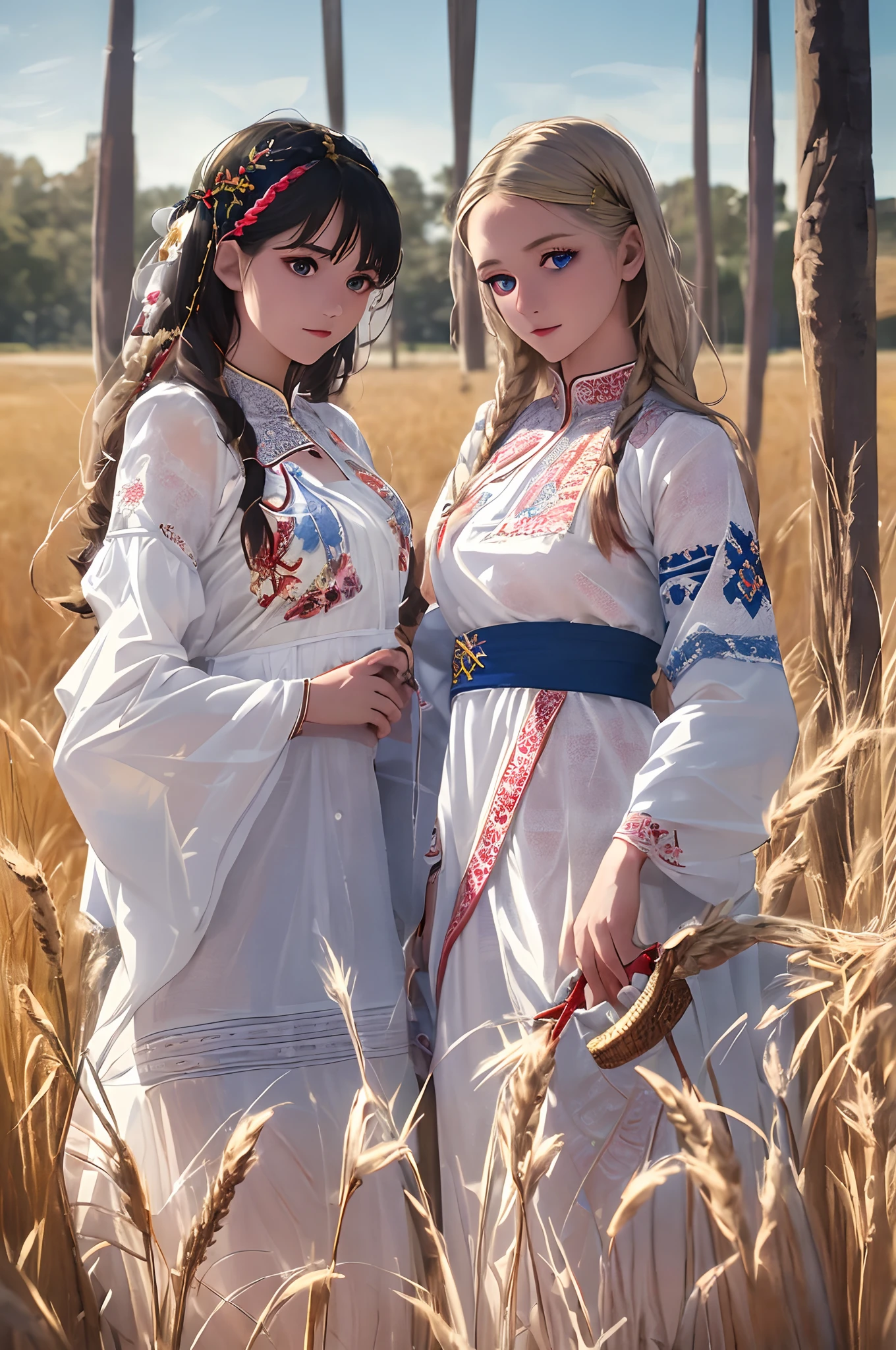 professional photo of  of two girls, Embroidery pattern,silk lace,see-through,reveal translucent costume, russia, red blue yellow, intricate, detailed, detailed skin, detailed eyes, photo made with Canon EOS, volumetric light, wheat field, popular on artstation, popular on deviantart, popular on flicker,