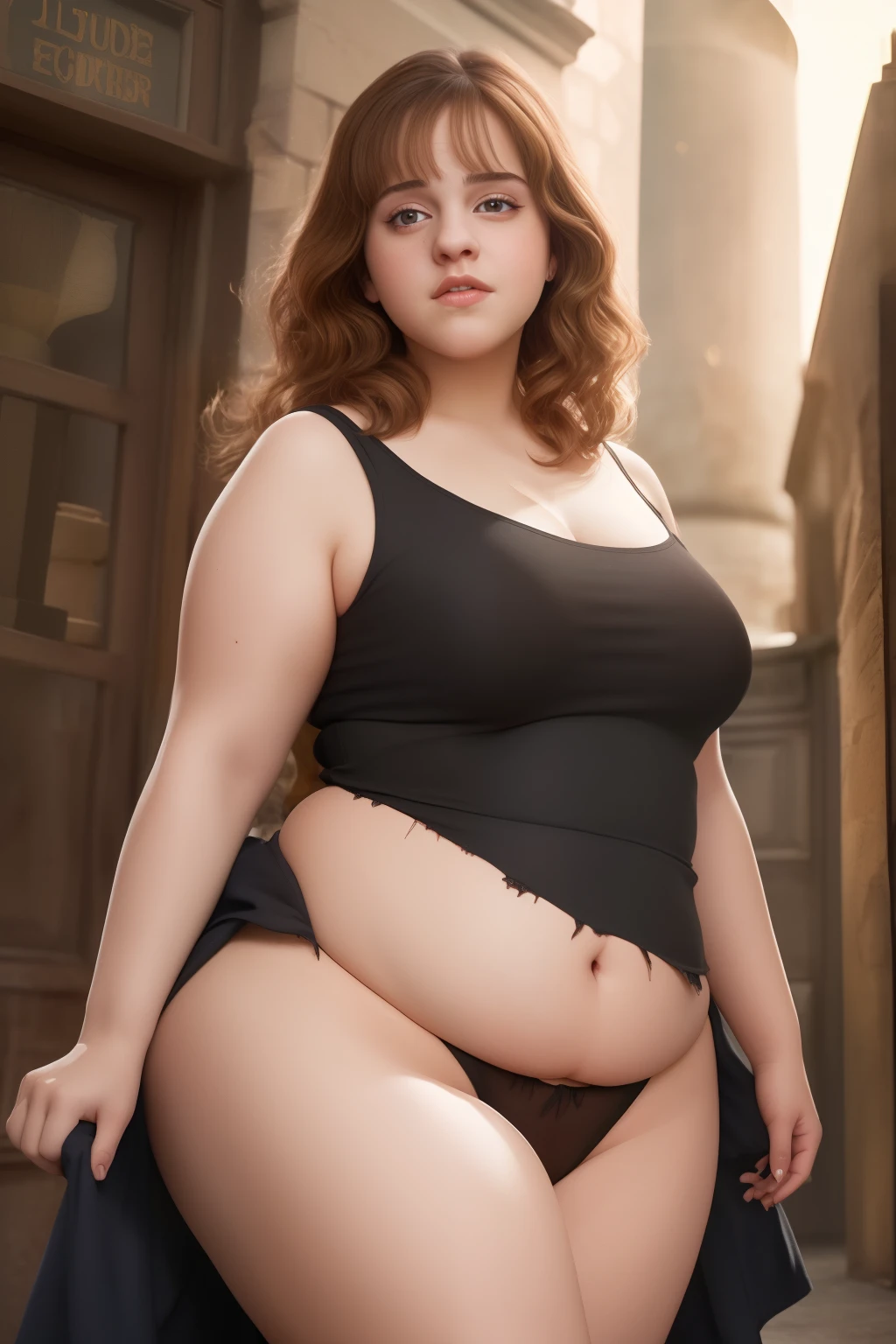 masterpiece, (photorealistic), (8k wallpaper) , (best quality), perfect quality, solo, (detailed eyes:0.9), Ermione, small smile, sexy, very beautiful face, torn dress, ripped dress, very curvy, cute face, a bit chubby, fat rolls, belly rolls, soft, muffin top, navel, love handles, thunder thighs